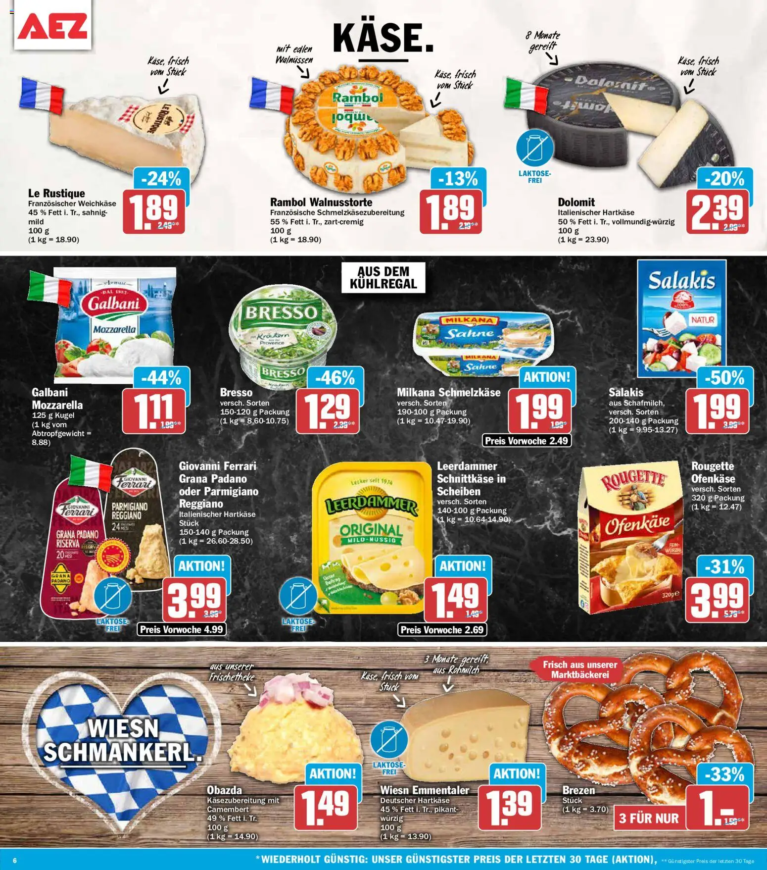 AEZ Prospekt – gültig ab 28.09.2026 | Seite: 6 | Produkte: Grana Padano, Mozzarella, Camembert, Salakis
