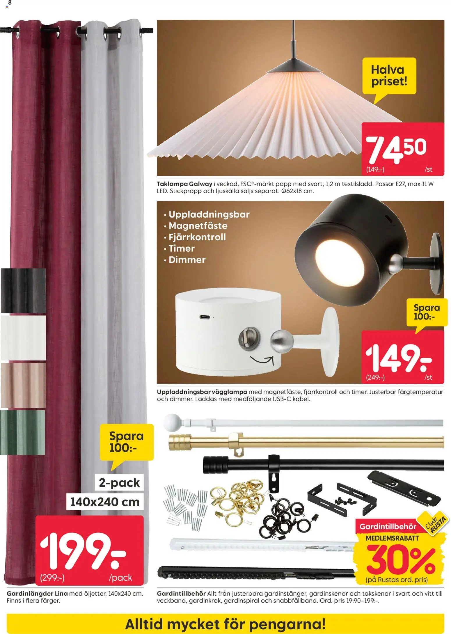 Rusta reklamblad aktuell från 07/09/2026 | Sida: 8 | Produkter: Fjärrkontroll, Dimmer, Vägglampa, Ljuskälla
