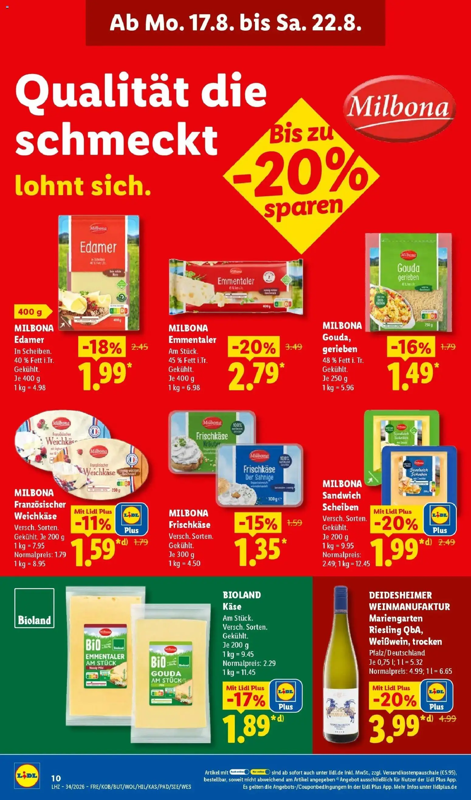 Lidl Prospekt Einbeck (ab 17.08.2026) zum Blättern » Angebote | Seite: 20 | Produkte: Käse, Gouda, Edamer, Frischkase