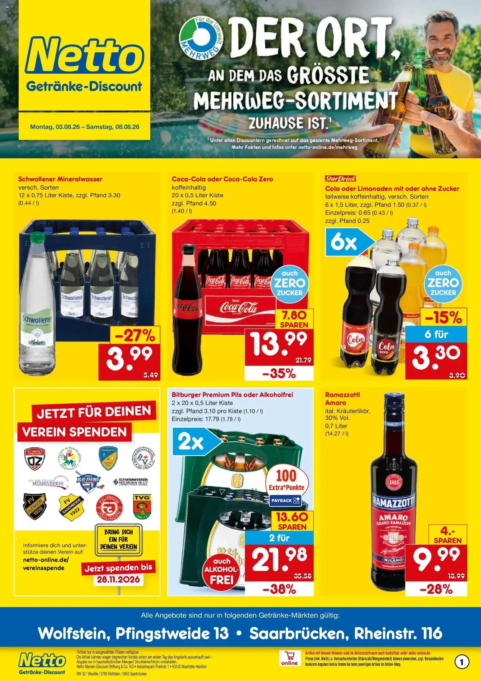 Netto Marken-Discount Prospekt Saarbrücken – gültig ab 03.08.2026 | Seite: 1 | Produkte: Bitburger, Coca cola, Pils, Zucker