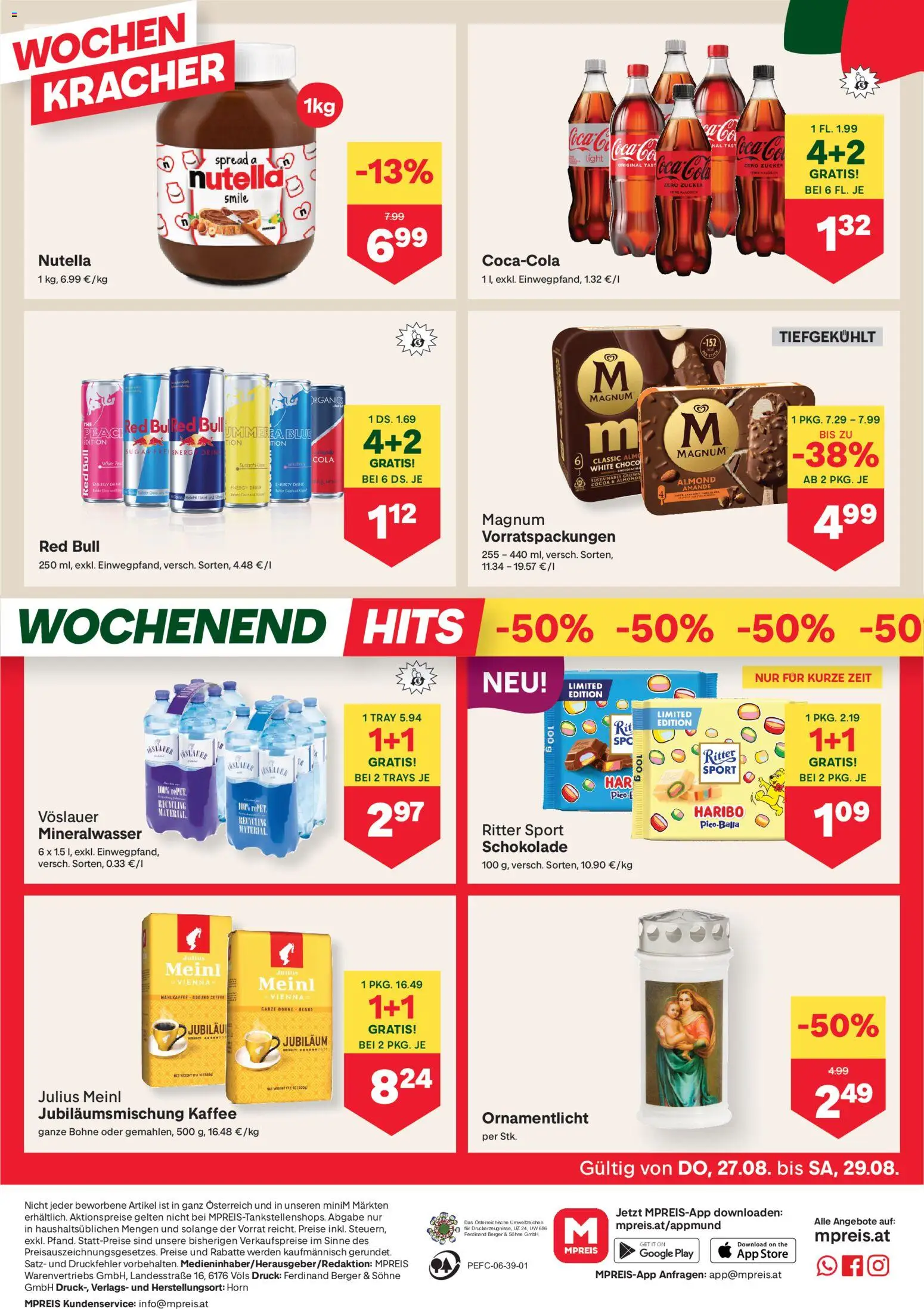 MPREIS Flugblatt gültig ab 27.08.2026 | Seite: 12 | Produkte: Zucker, Nutella, Mineralwasser, Kaffee
