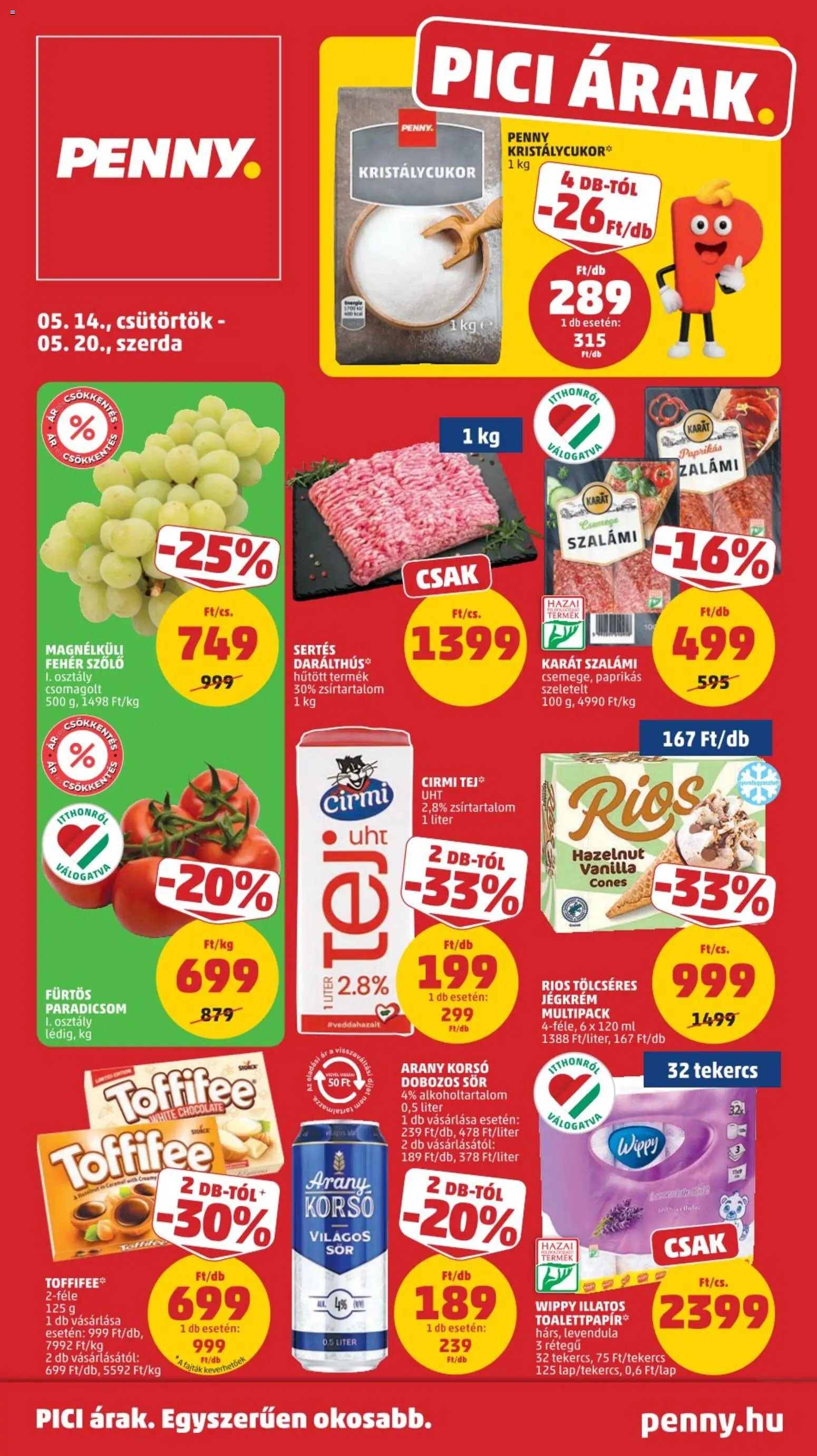 PENNY akciós ujság - amely érvényes a következő dátumtól: 14.05.2026 | Oldal: 1 | Termékek: Szőlő, Toffifee, Sör, Paradicsom