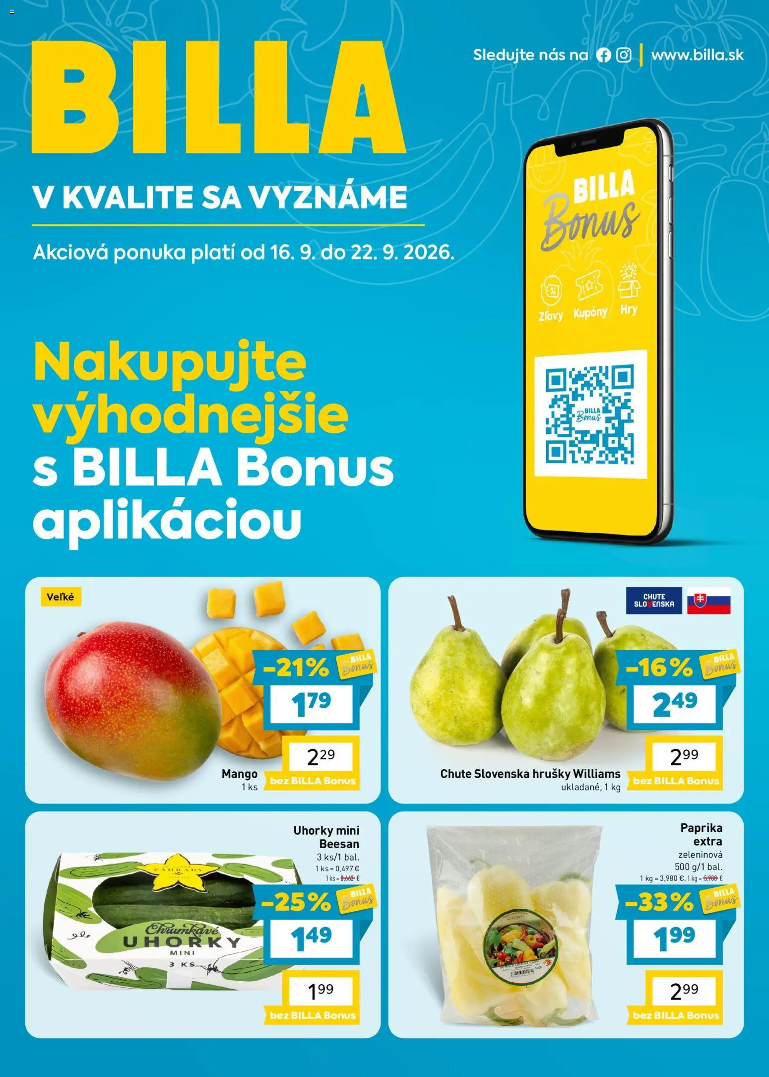 Nové Billa akcie – leták je platný od 16.09.2026 | Strana: 1 | Produkty: Paprika, Mango, Hrušky, Uhorky
