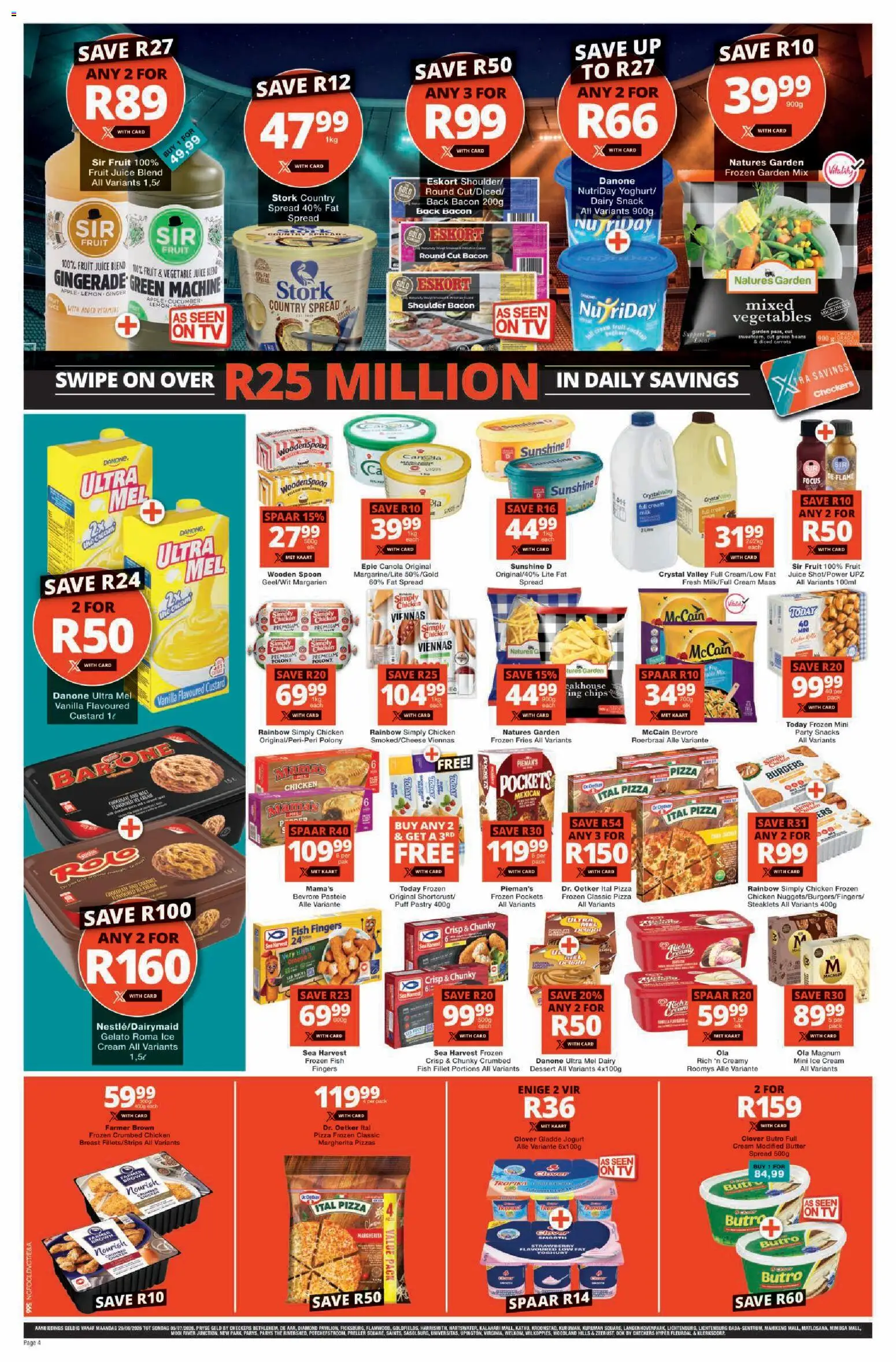 New Checkers catalogue – valid from 29/06/2026 | Page: 4 | Products: Butter, Pizza, Juice, Bacon