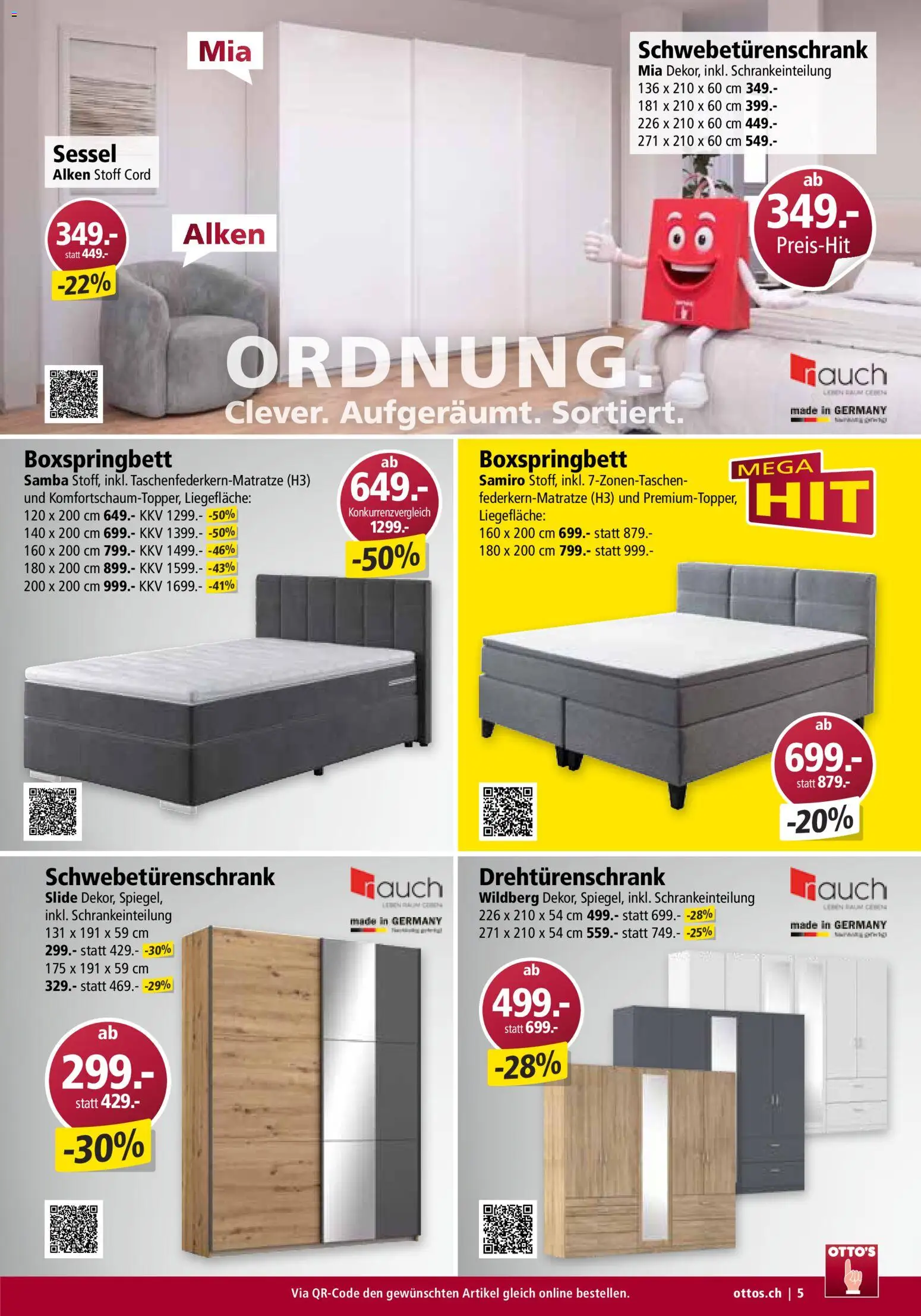 Otto's Aktionen Möbelflyer – gültig ab 01.09.2026 | Seite: 5 | Produkte: Schwebetürenschrank, Sessel, Drehtürenschrank, Boxspringbett