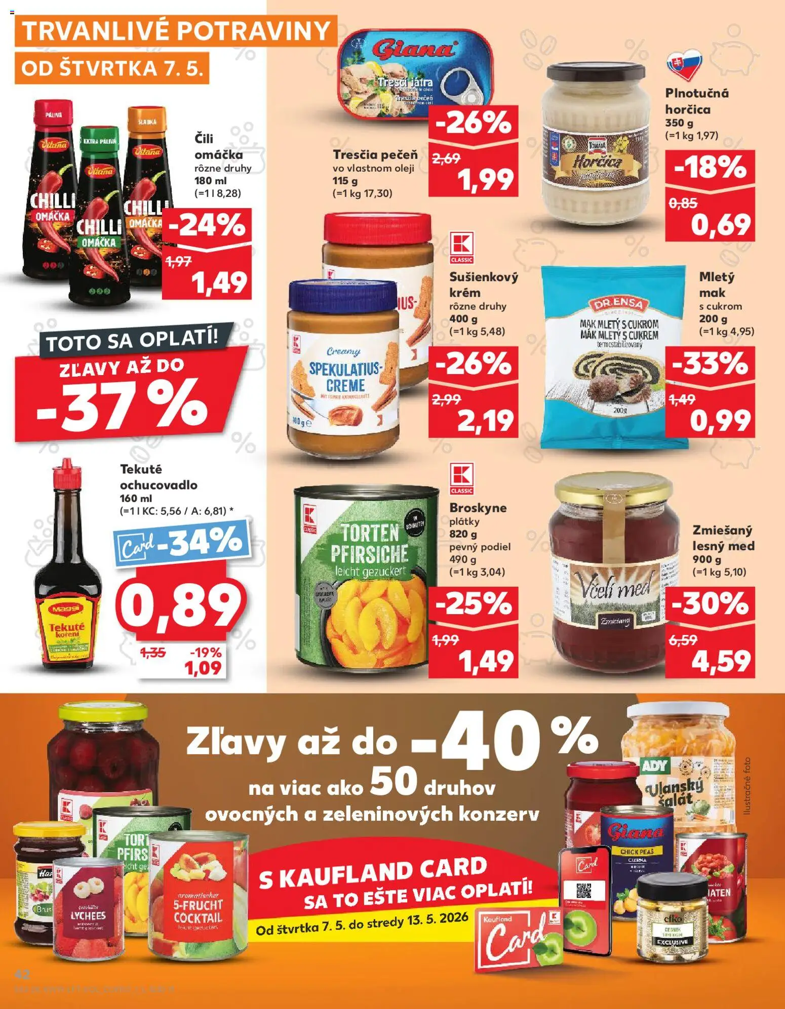 Nové Kaufland akcie – leták je platný od 07.05.2026 | Strana: 42 | Produkty: Krém, Med, Broskyne, Mak