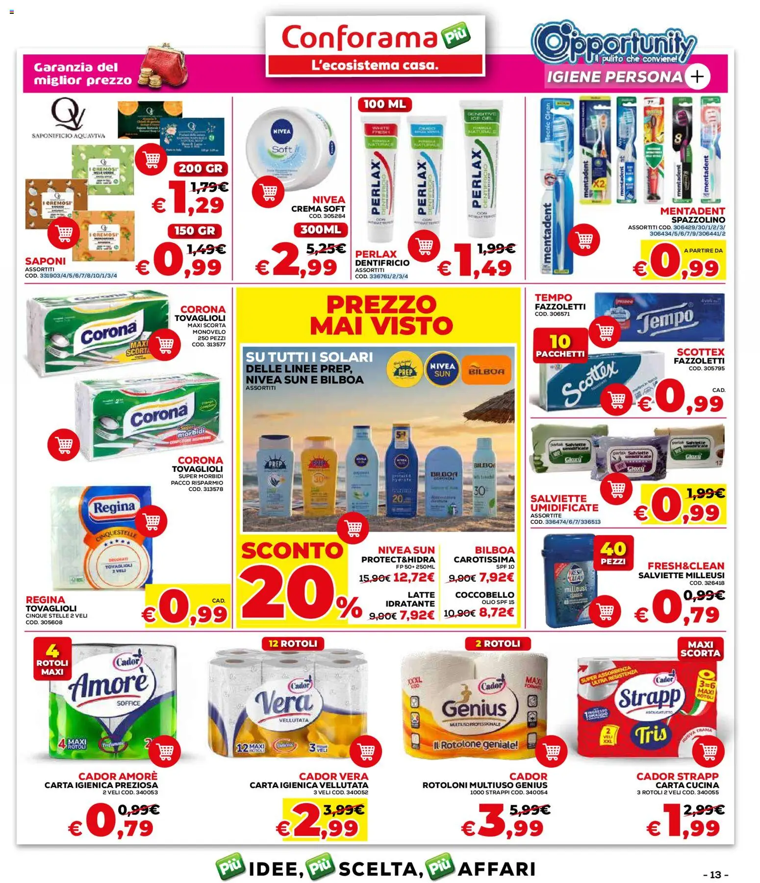 Volantino Conforama del 04.06.2026 | Pagina: 13 | Prodotti: Crema, Carta igienica, Fazzoletti, Latte