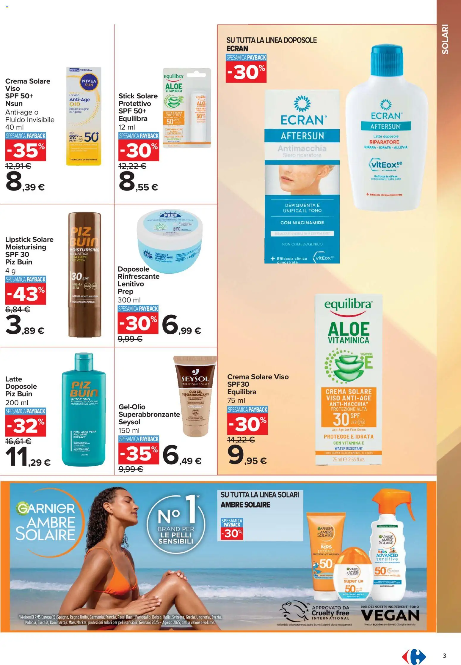 Volantino Carrefour del 10/07/2026 | Pagina: 3 | Prodotti: Crema solare, Latte, Olio, Aloe vera