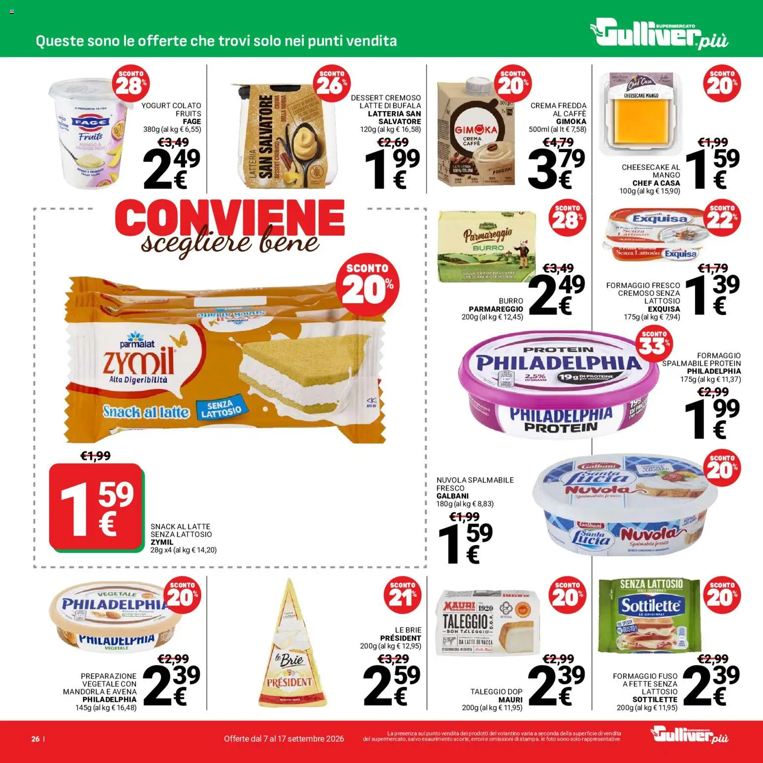 Volantino Gulliver del 07/09/2026 | Pagina: 26 | Prodotti: Crema, Mandorla, Formaggio fresco, Senza lattosio