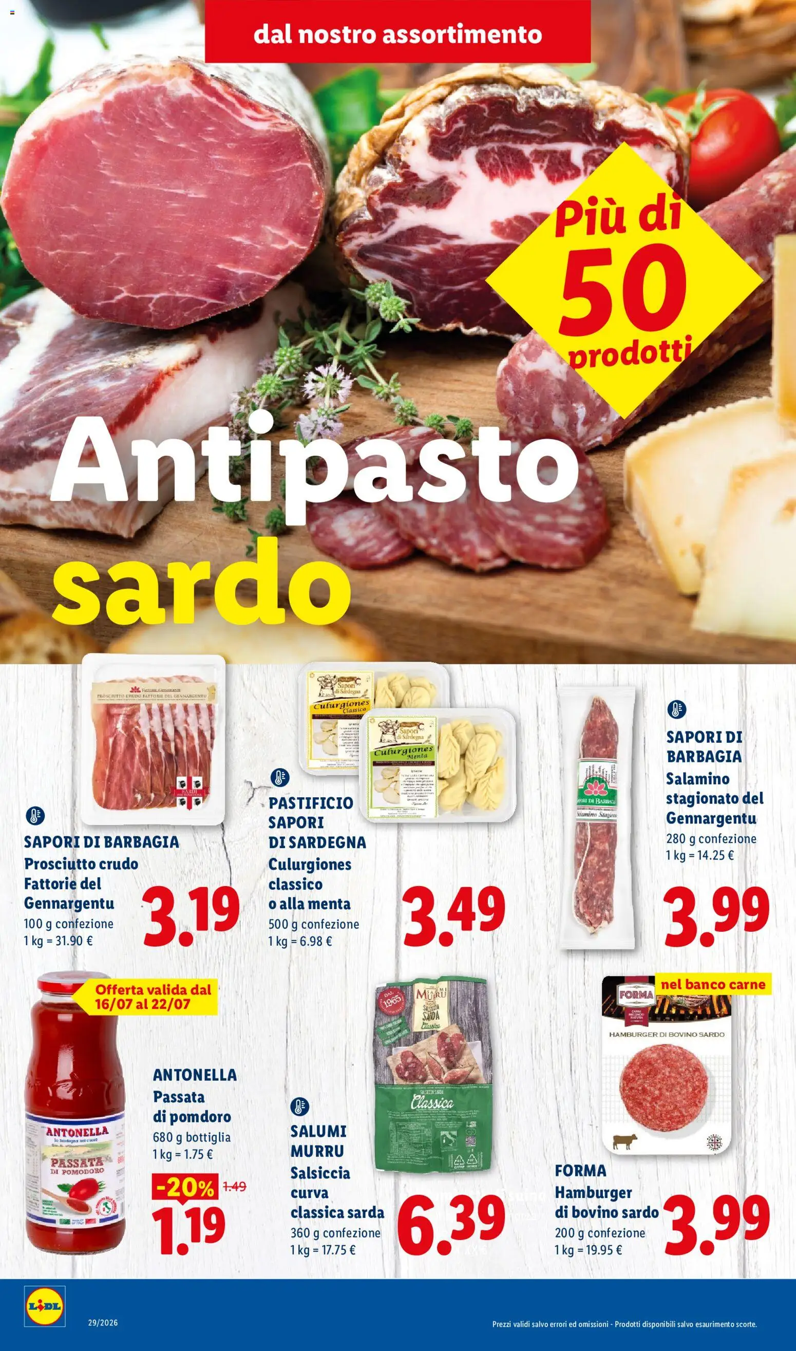Volantino Lidl del 16/07/2026 | Pagina: 2 | Prodotti: Salsiccia, Pasta, Passata di pomodoro, Hamburger