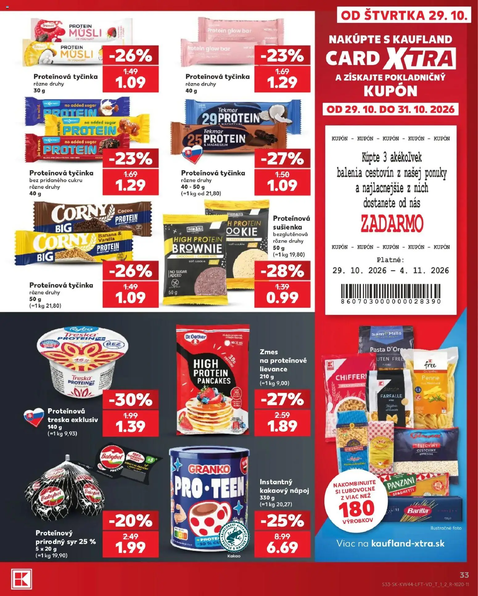 Nové Kaufland akcie – leták je platný od 29.10.2026 | Strana: 33 | Produkty: Syr, Penne, Cestoviny, Protein