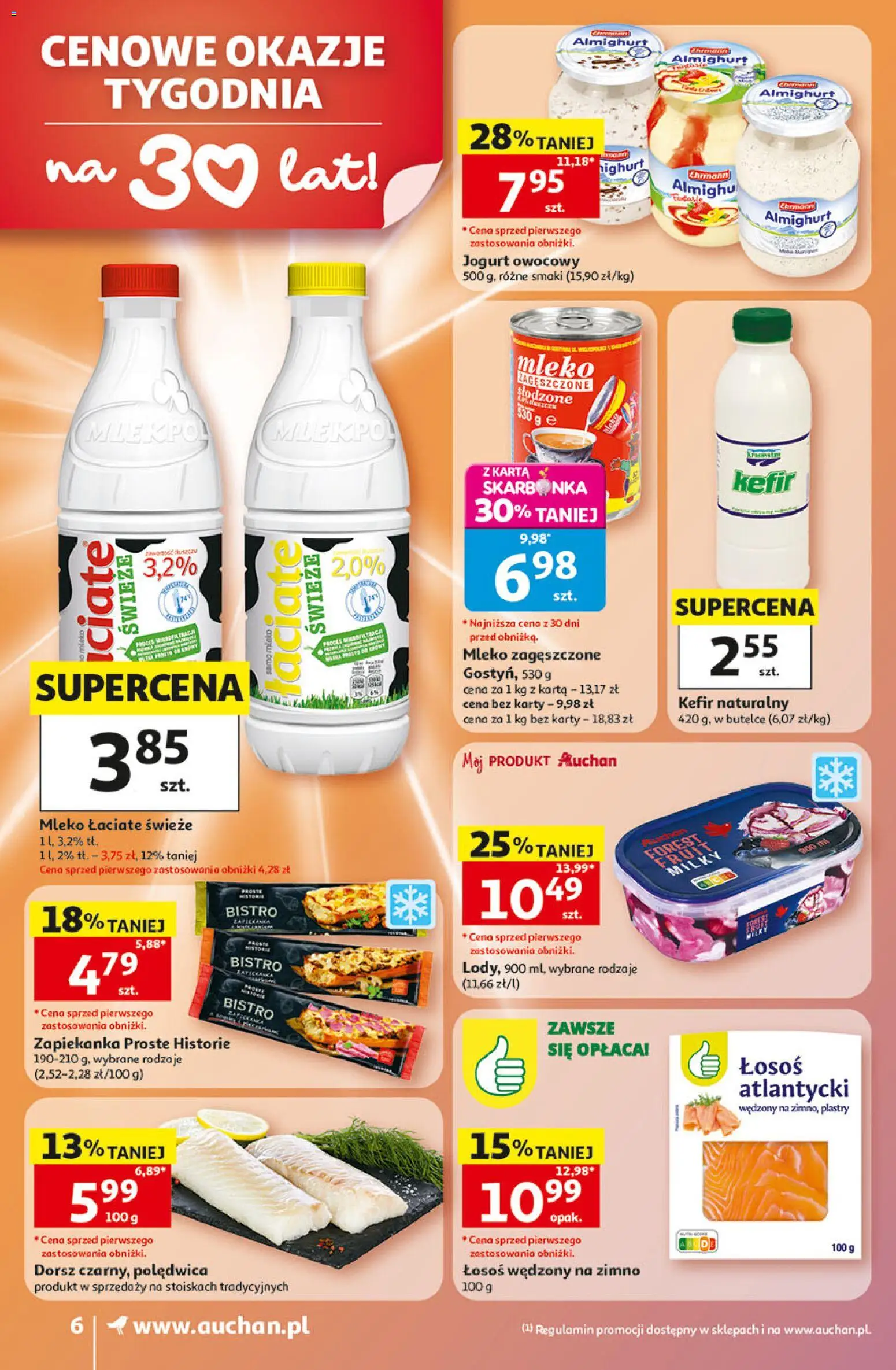 Auchan gazetka od 21.05.2026 | Strona: 6 | Produkty: Łosoś wędzony, Łosoś atlantycki, Dorsz, Kefir naturalny