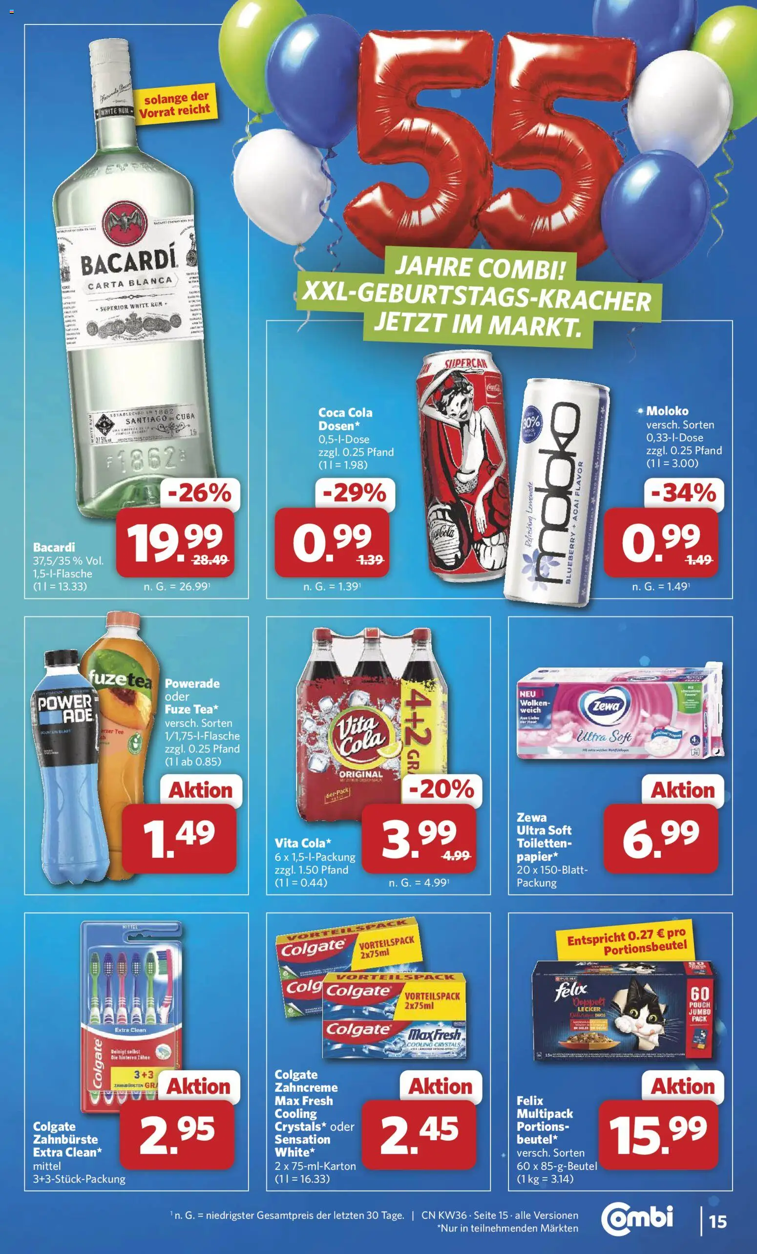Combi Prospekt – gültig ab 31.08.2026 | Seite: 15 | Produkte: Bacardi, Coca cola, Zahnbürste, Powerade