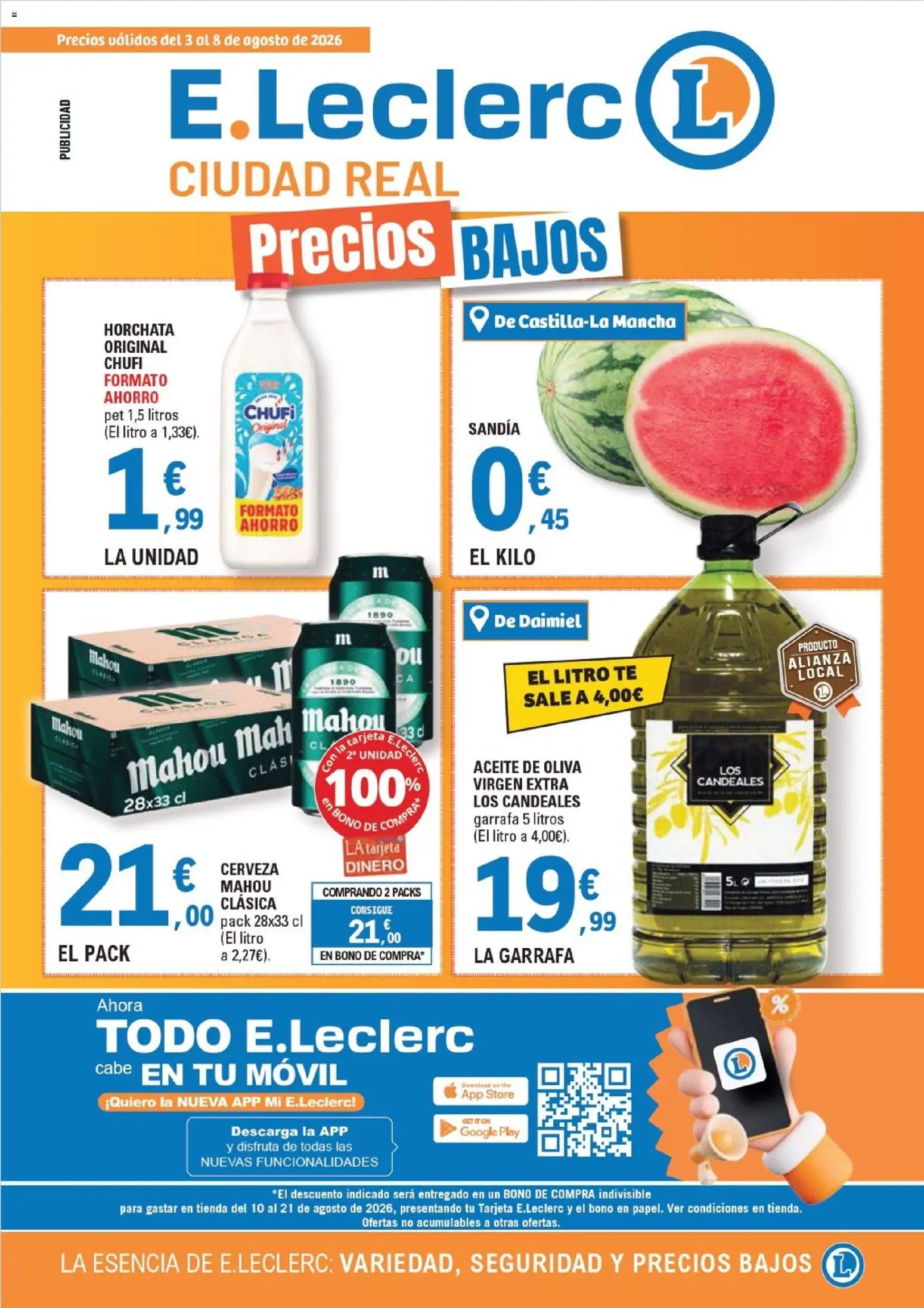 E.Leclerc - Ciudad Real │ válido desde el 03/08/2026 | Página: 1 | Productos: Aceite, Cerveza, Aceite de oliva virgen extra, Sandía