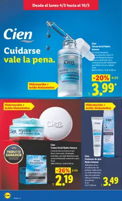 Vista previa Cien Sérum facial Hydra Intense, Con ácido hialurónico. Máxima absorción y hasta 72 horas de hidratación intensa: el paso esencial antes de tu crema para una piel visiblemente más elástica, fresca y radiante. 30 ml válido desde el 04.05.2026 | Página: 20 | Productos: Iluminador, Sérum, Crema facial, Crema de día