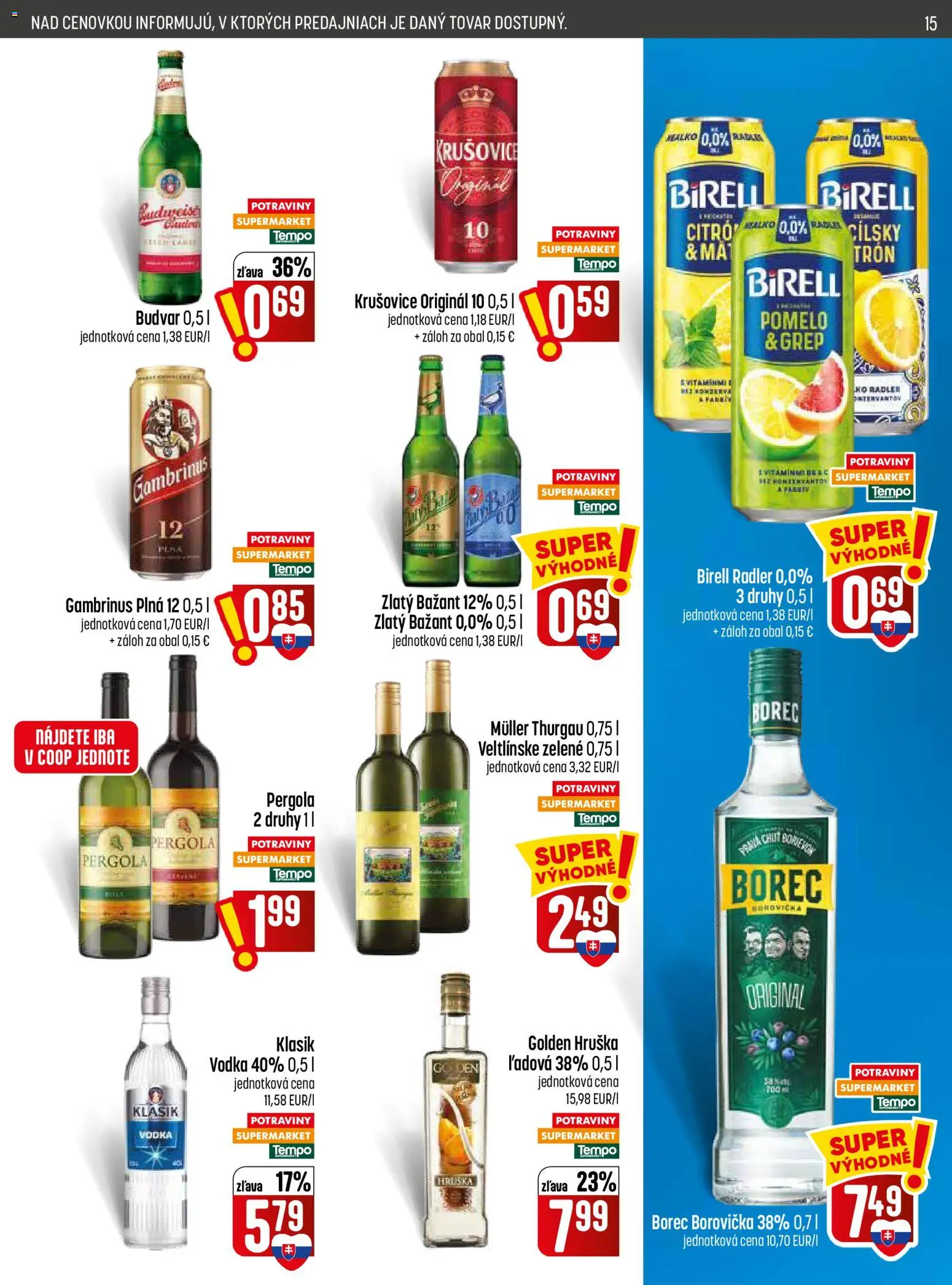 Nové COOP Jednota akcie – leták je platný od 03.09.2026 | Strana: 15 | Produkty: Pergola, Borovička, Zlatý Bažant, Grep