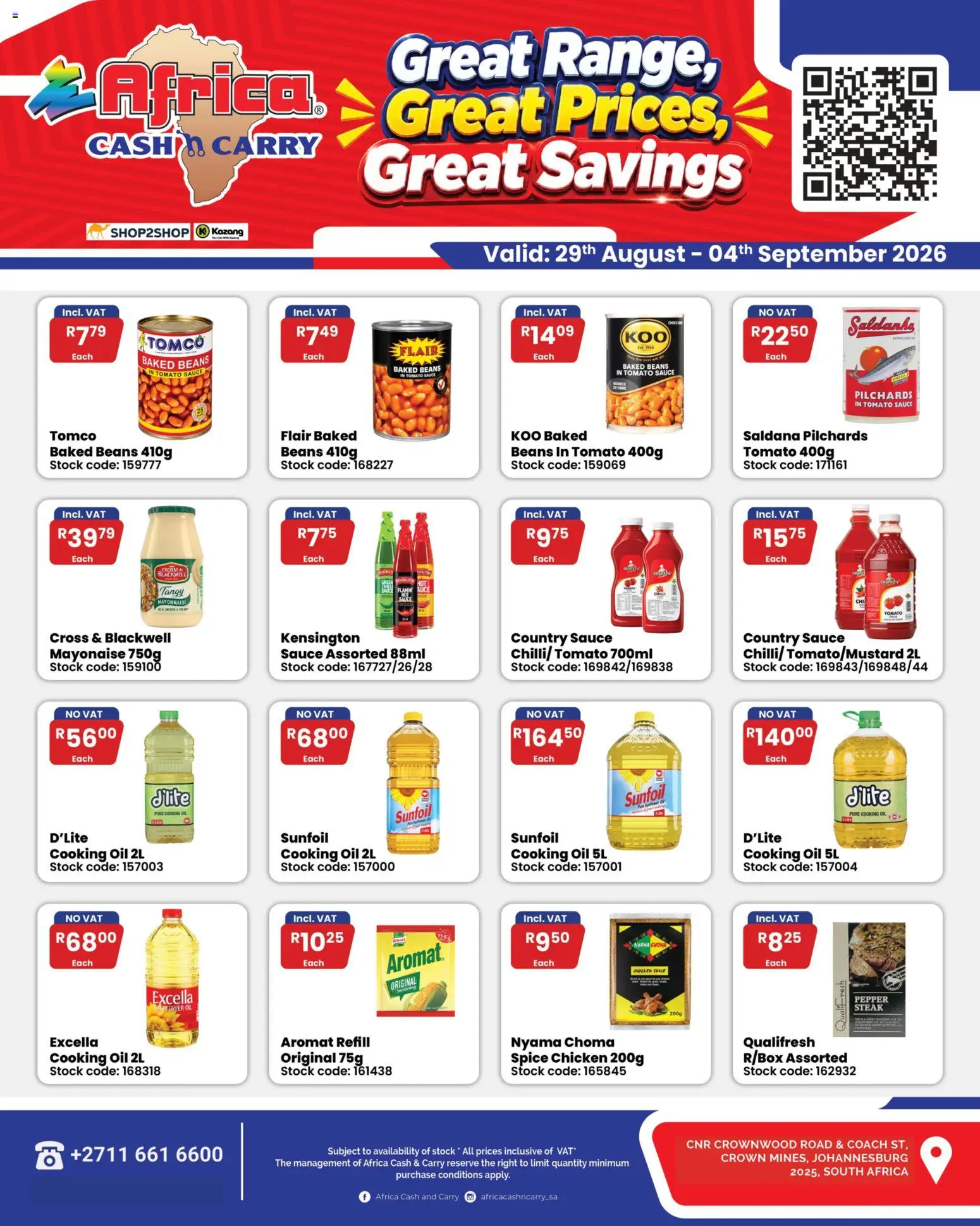 New Africa Cash & Carry catalogue – valid from 29/08/2026 | Page: 3 | Products: Pilchards, Beans, Stock, Aromat
