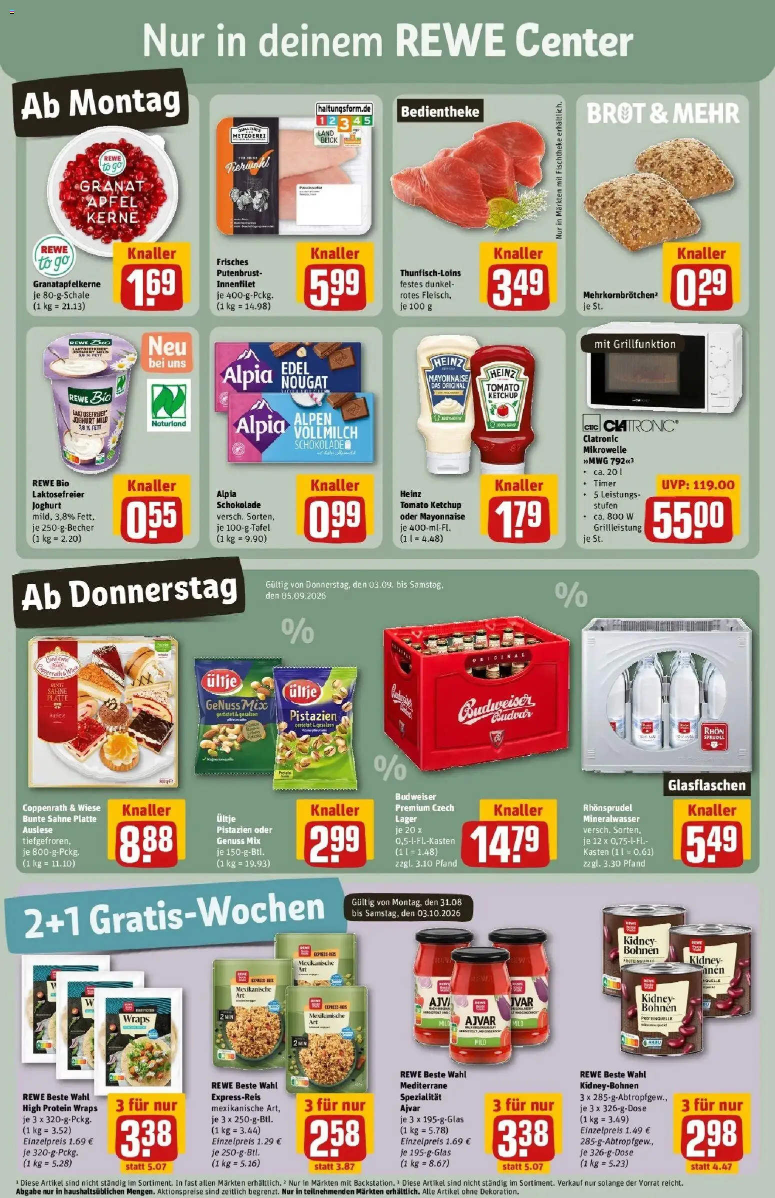 REWE Prospekt ab 31.08.2026 zum Blättern » Angebote | Seite: 3 | Produkte: Mikrowelle, Mineralwasser, Mayonnaise, Ketchup