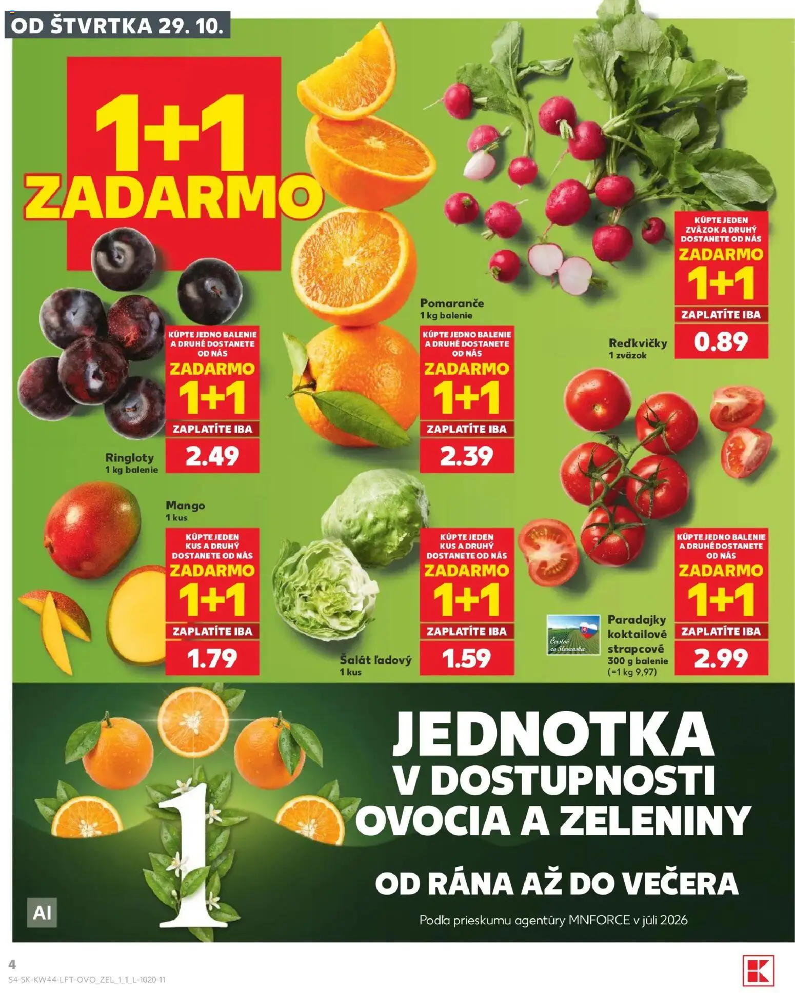 Nové Kaufland akcie – leták je platný od 29.10.2026 | Strana: 4 | Produkty: Pomaranče, Paradajky, Šalát, Mango