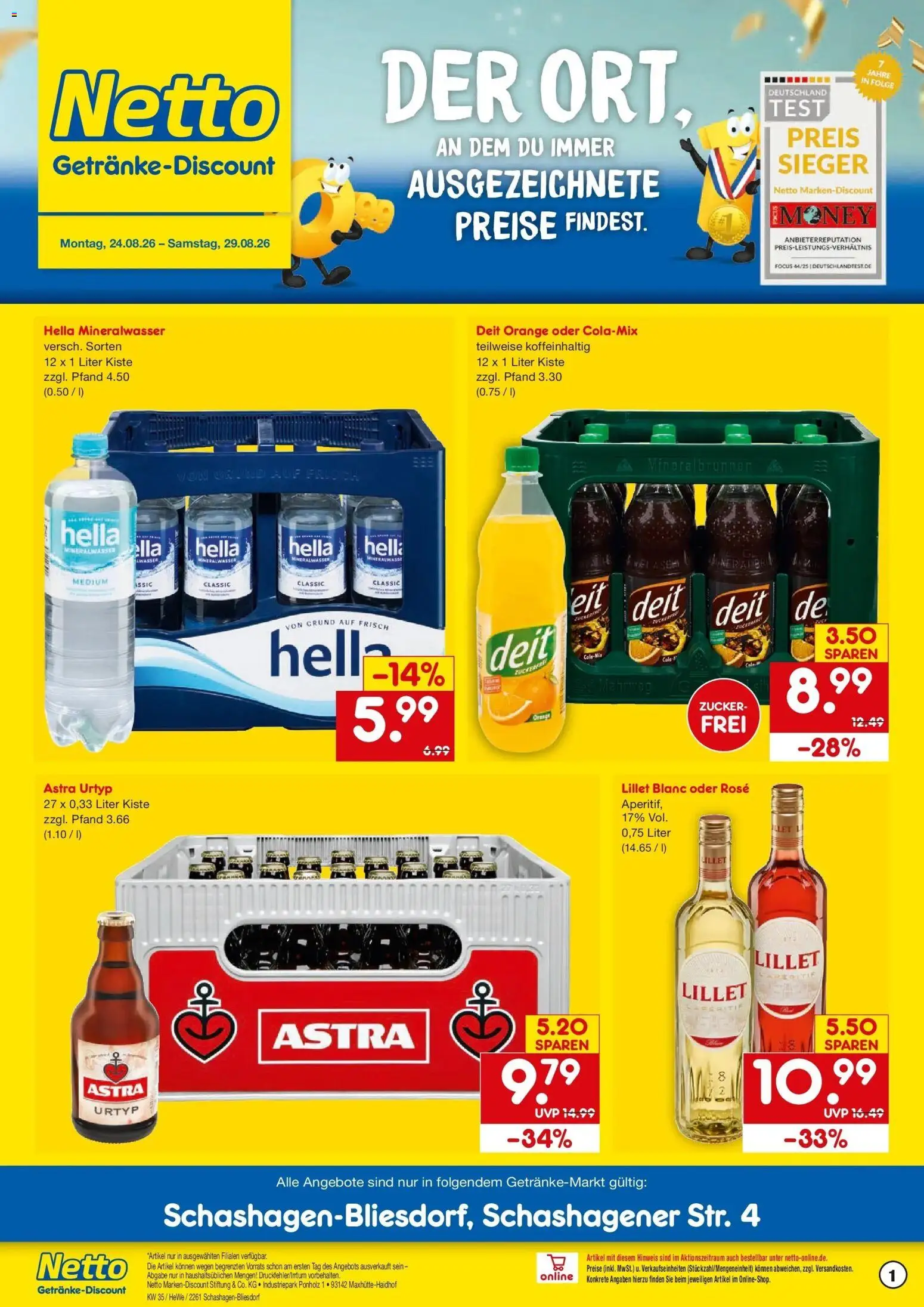 Netto Marken-Discount Prospekt Neustadt In Holstein – gültig ab 24.08.2026 | Seite: 1 | Produkte: Astra, Mineralwasser, Lillet, Hella