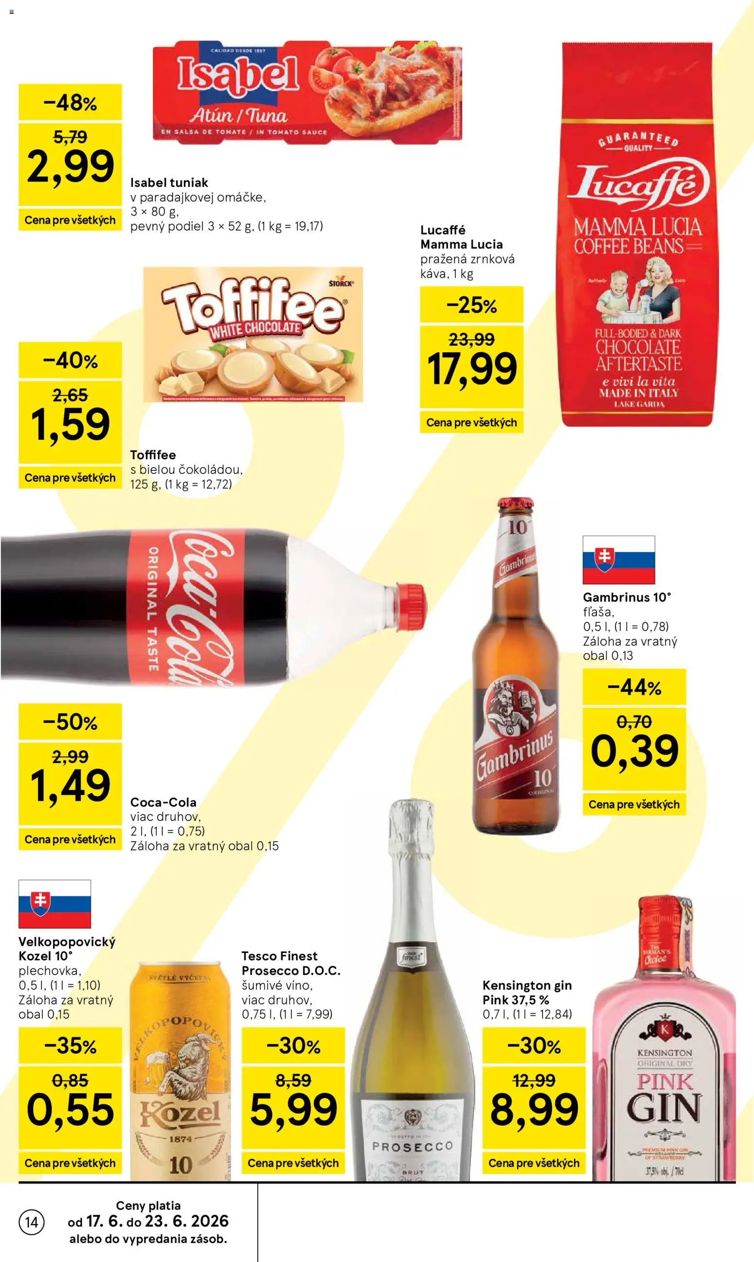 Nové Tesco akcie – leták je platný od 17.06.2026 | Strana: 14 | Produkty: Toffifee, Gin, Cola, Gambrinus