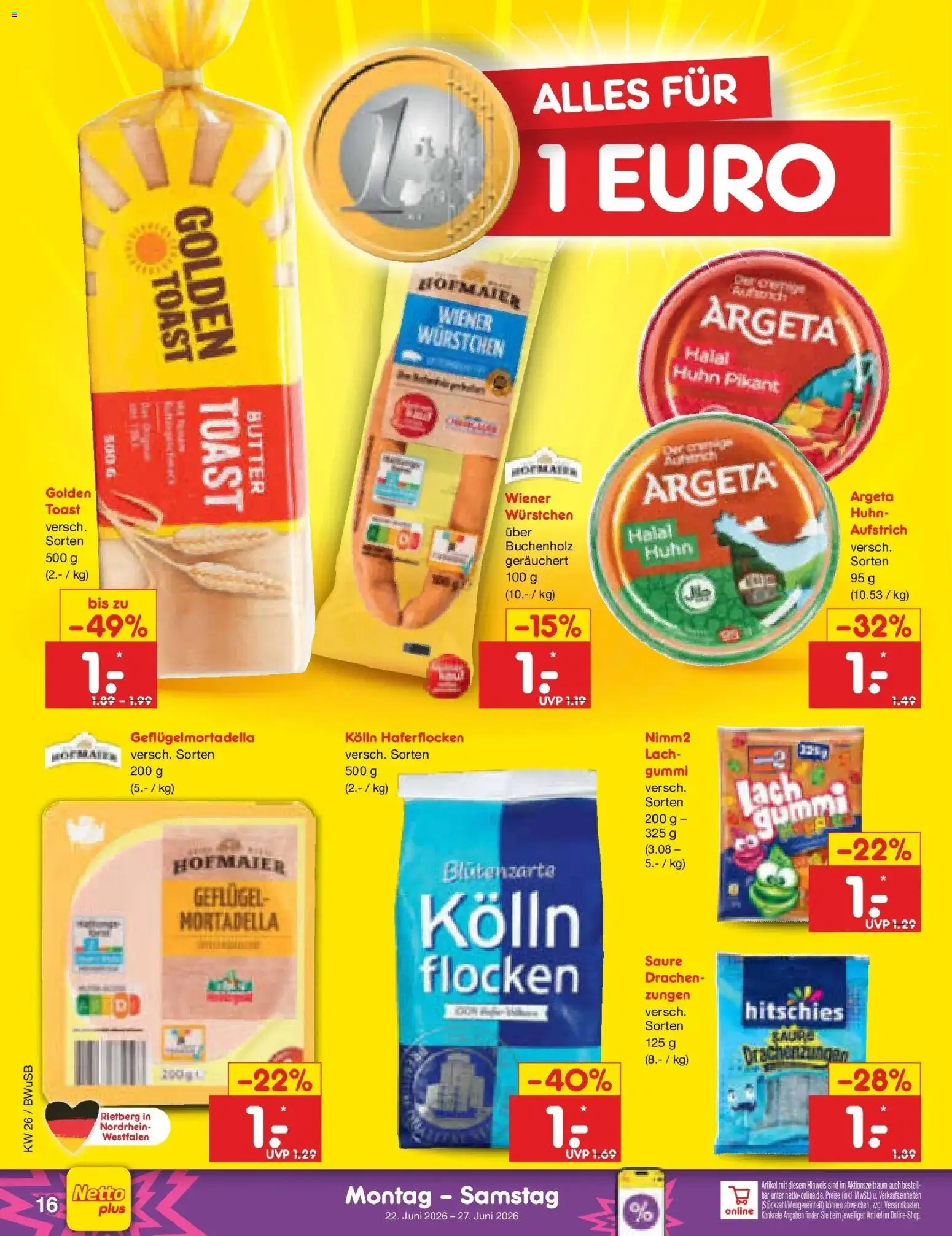 Netto Marken-Discount Prospekt Stemwede-Dielingen – gültig ab 21.06.2026 | Seite: 20 | Produkte: Kolln haferflocken, Butter, Toast, Flocken