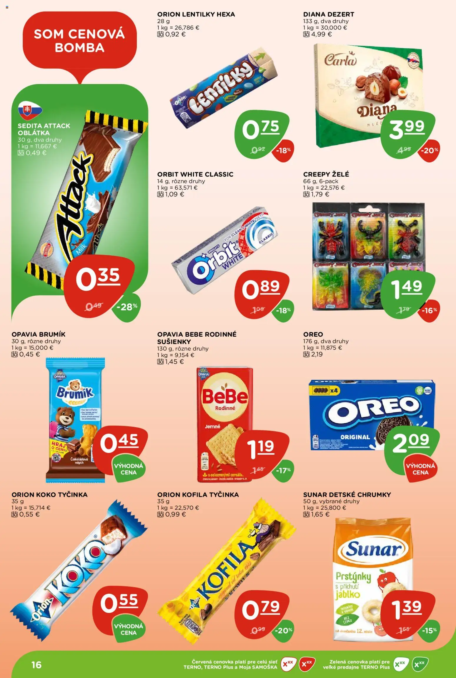 Nové Terno akcie – leták je platný od 24.09.2026 | Strana: 16 | Produkty: Sušienky, Sunar, Oreo, Dezert