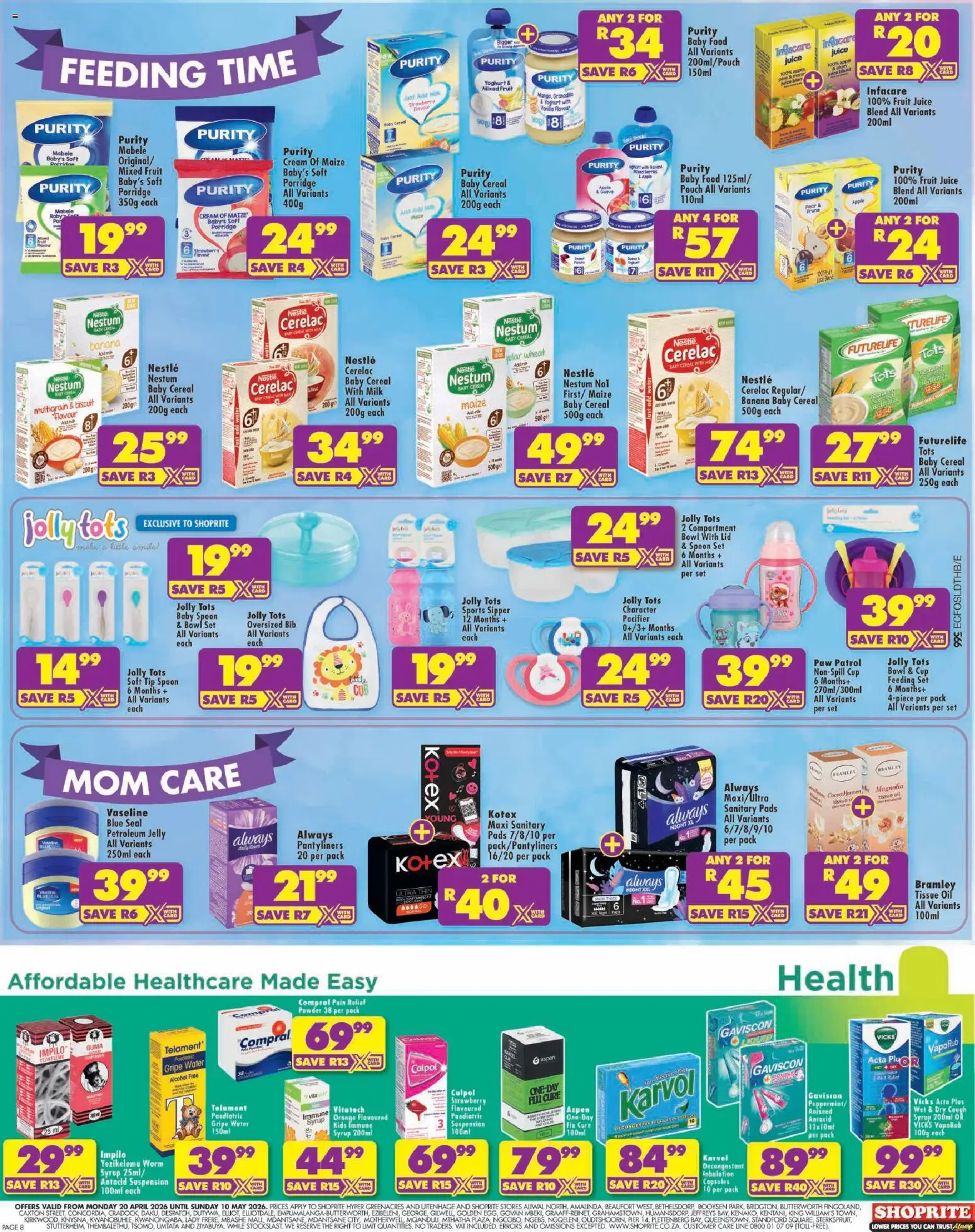 New Shoprite catalogue – valid from 20.04.2026 | Page: 4 | Products: Yoghurt, Pads, Syrup, Fruit