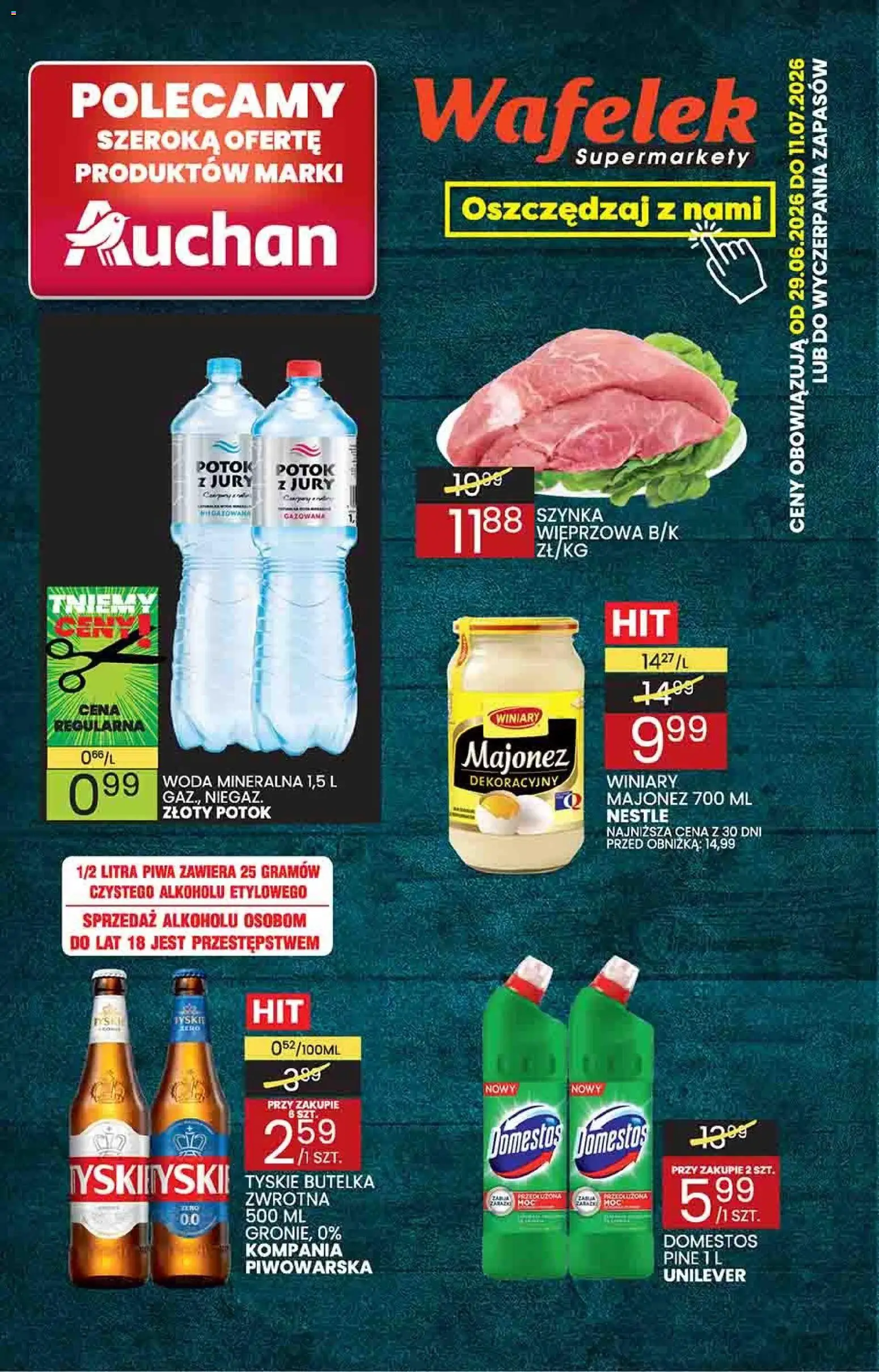 Wafelek gazetka od 29.06.2026 | Strona: 1 | Produkty: Szynka wieprzowa, Tyskie, Woda, Majonez