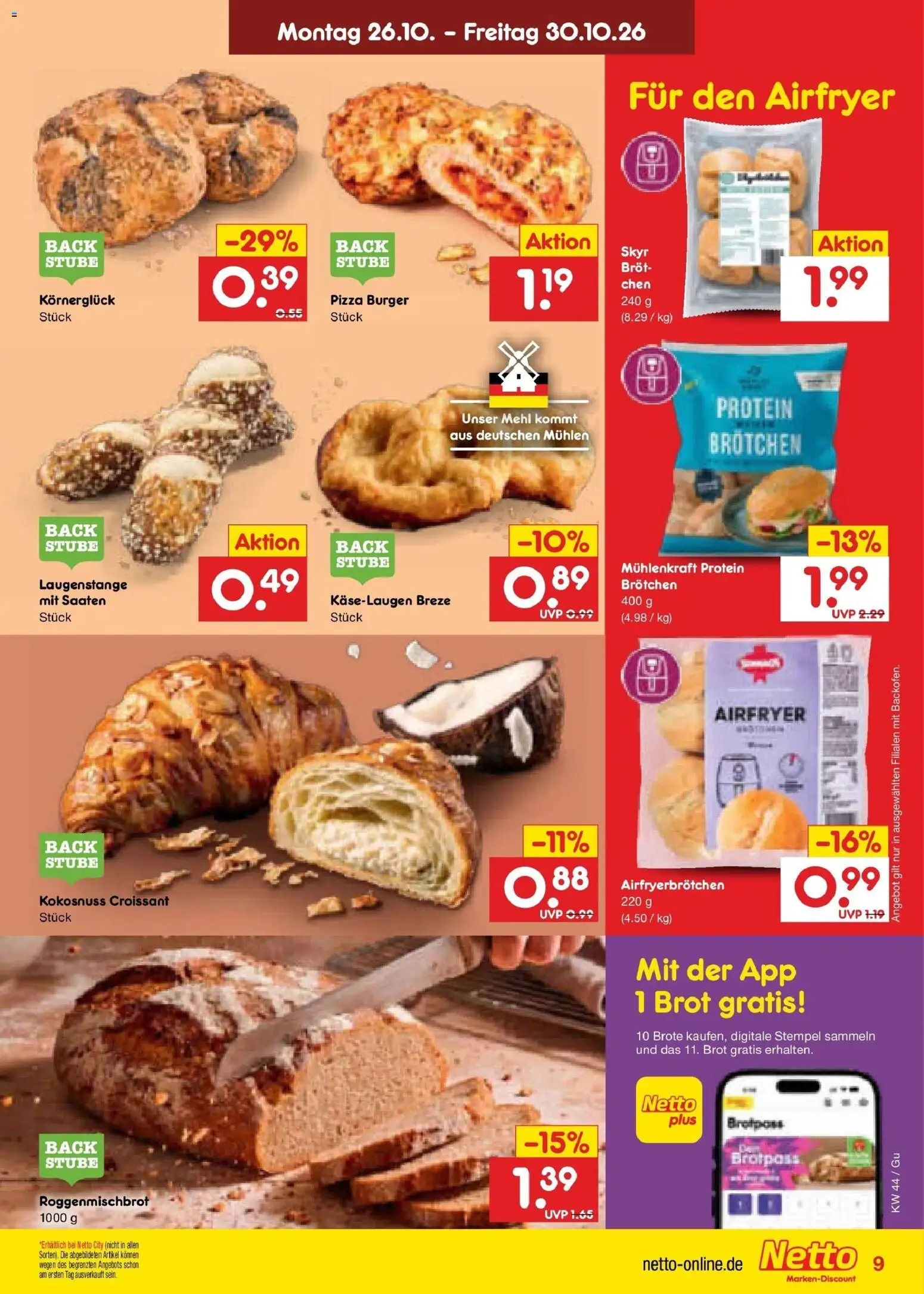Netto Marken-Discount Prospekt Augustusburg – gültig ab 26.10.2026 | Seite: 19 | Produkte: Burger, Croissant, Brot, Pizza