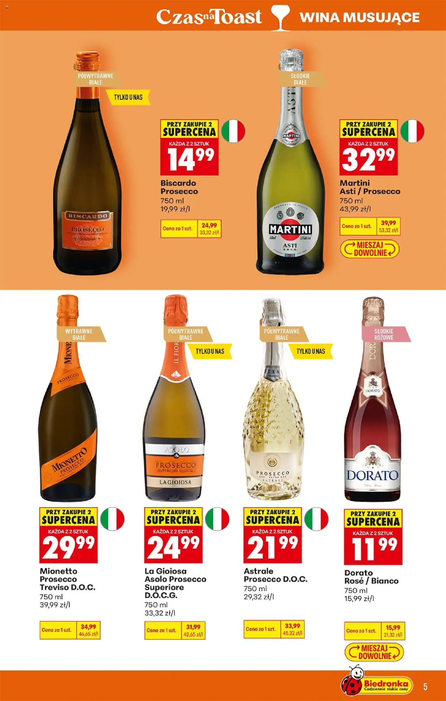Biedronka gazetka - Czas na toast od 27.07.2026 | Strona: 5 | Produkty: Dorato Rose, Martini prosecco, Mionetto prosecco, Prosecco