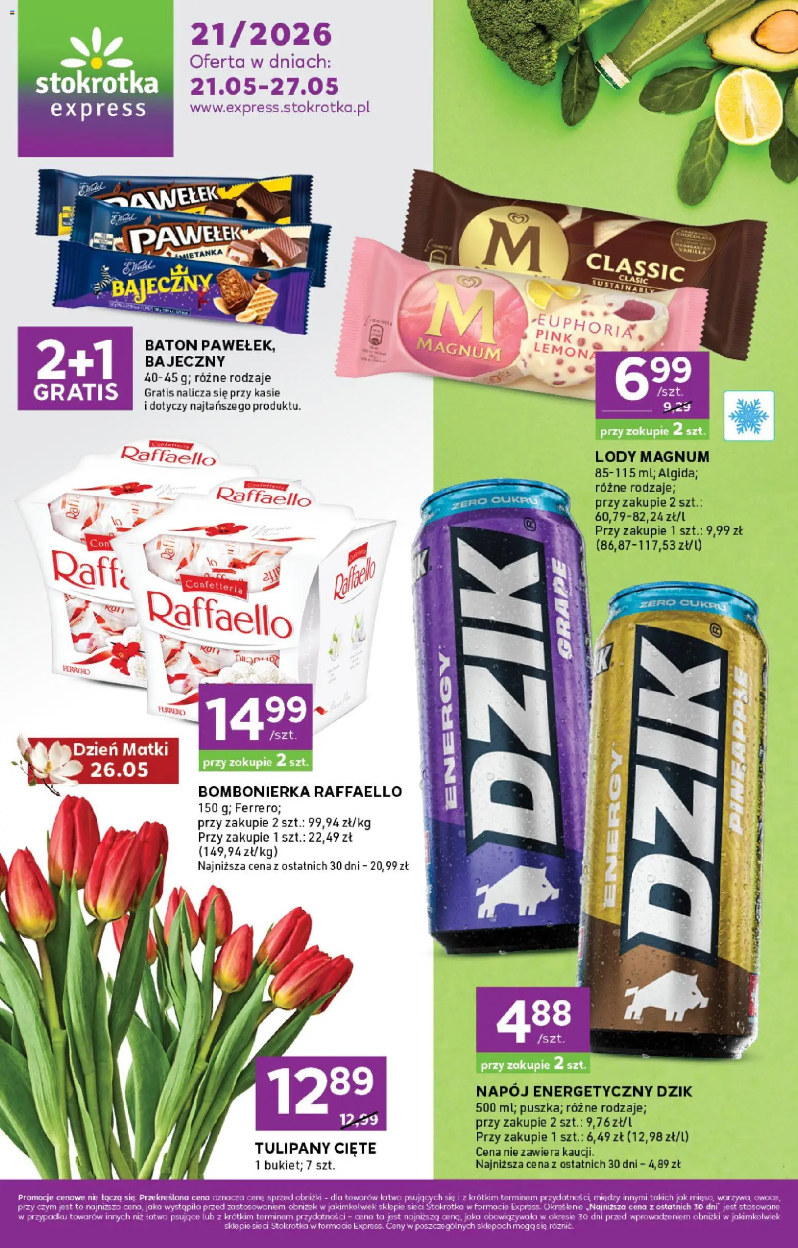 Stokrotka gazetka - Express od 21.05.2026 | Strona: 1 | Produkty: Bombonierka, Lody Magnum, Tulipany, Lody