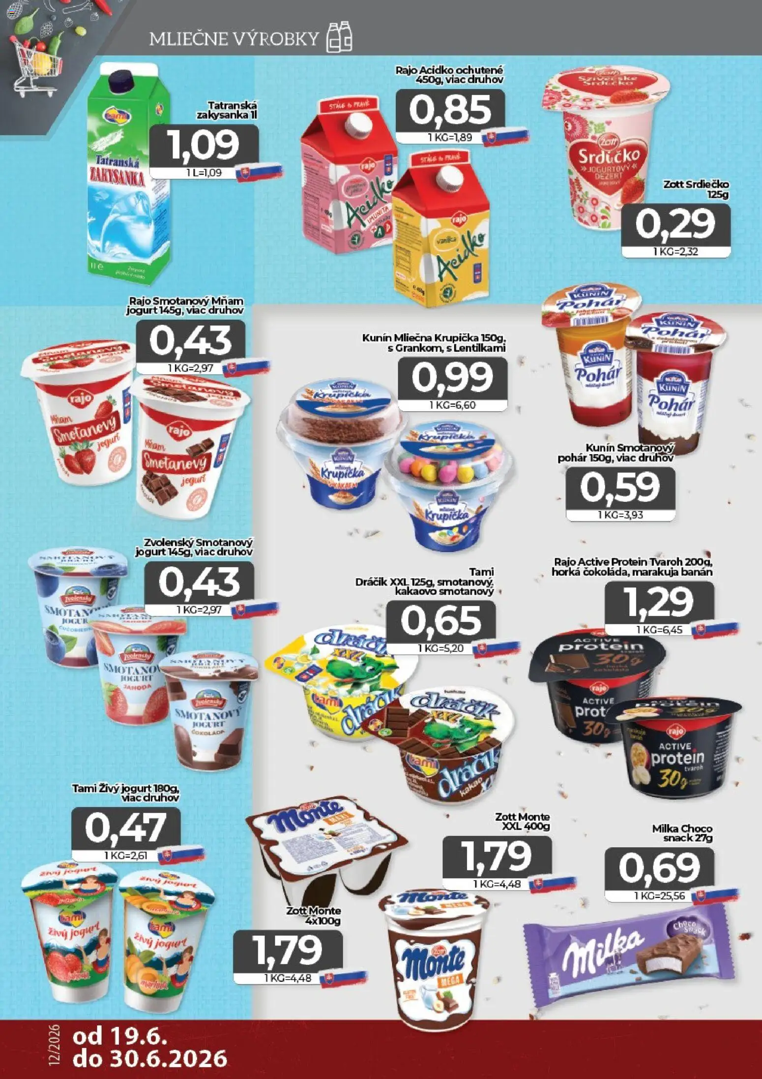 Nové CBA Komfos akcie – leták je platný od 19.06.2026 | Strana: 4 | Produkty: Protein, Tvaroh, Milka, Acidko