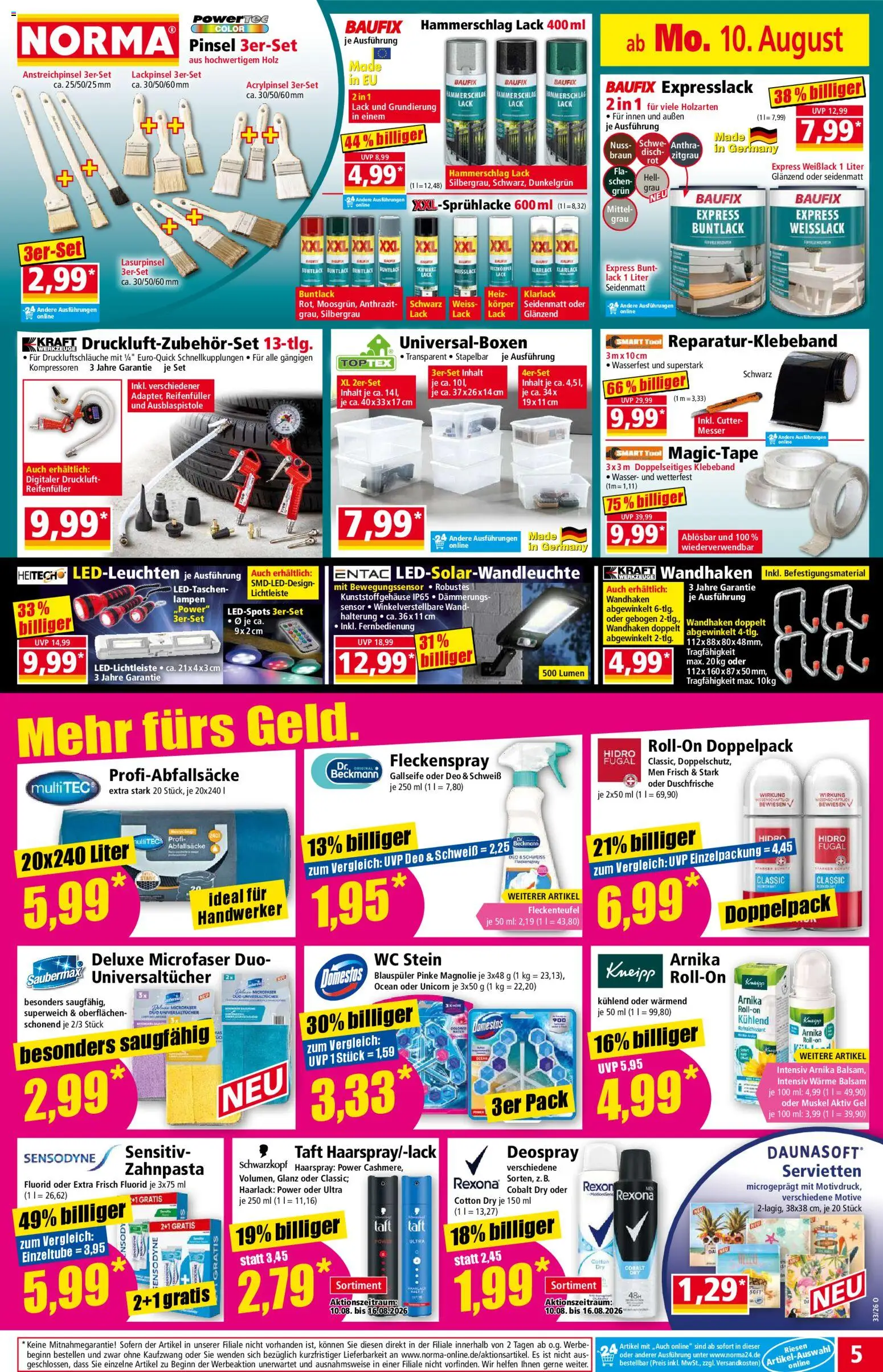 Norma Prospekt – gültig ab 10.08.2026 | Seite: 5 | Produkte: Zahnpasta, Wasser, WC Stein, Deospray