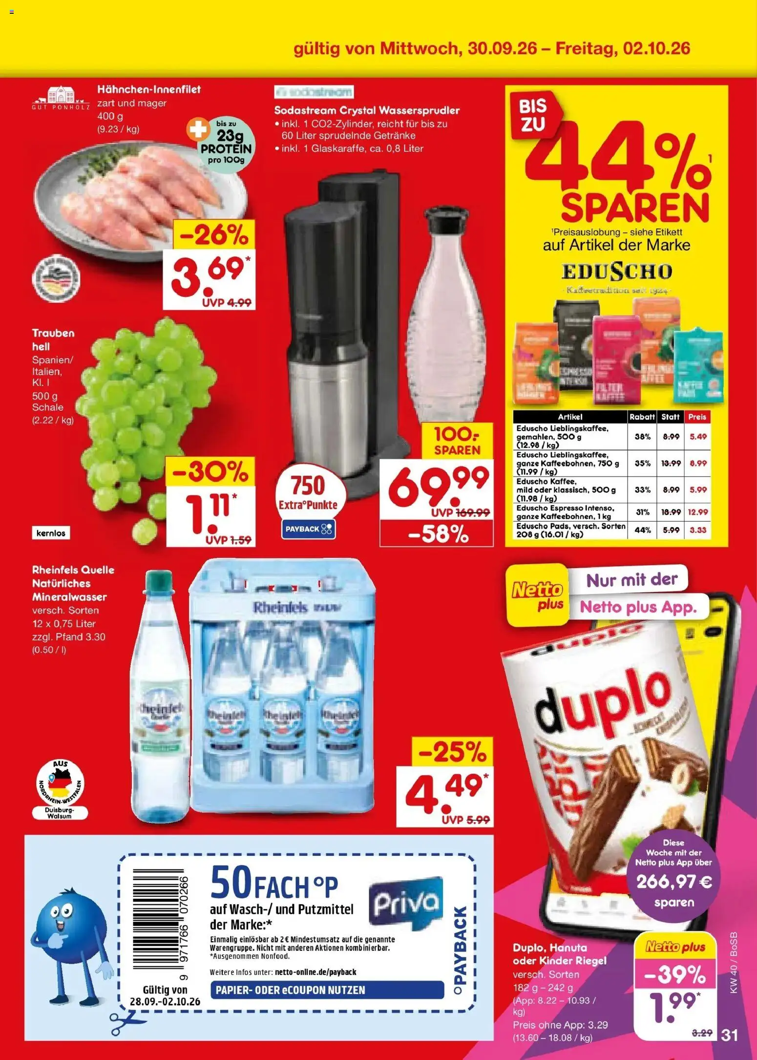 Netto Marken-Discount Prospekt Stadtlohn – gültig ab 28.09.2026 | Seite: 49 | Produkte: Trauben, Eduscho, Sodastream, Rheinfels quelle