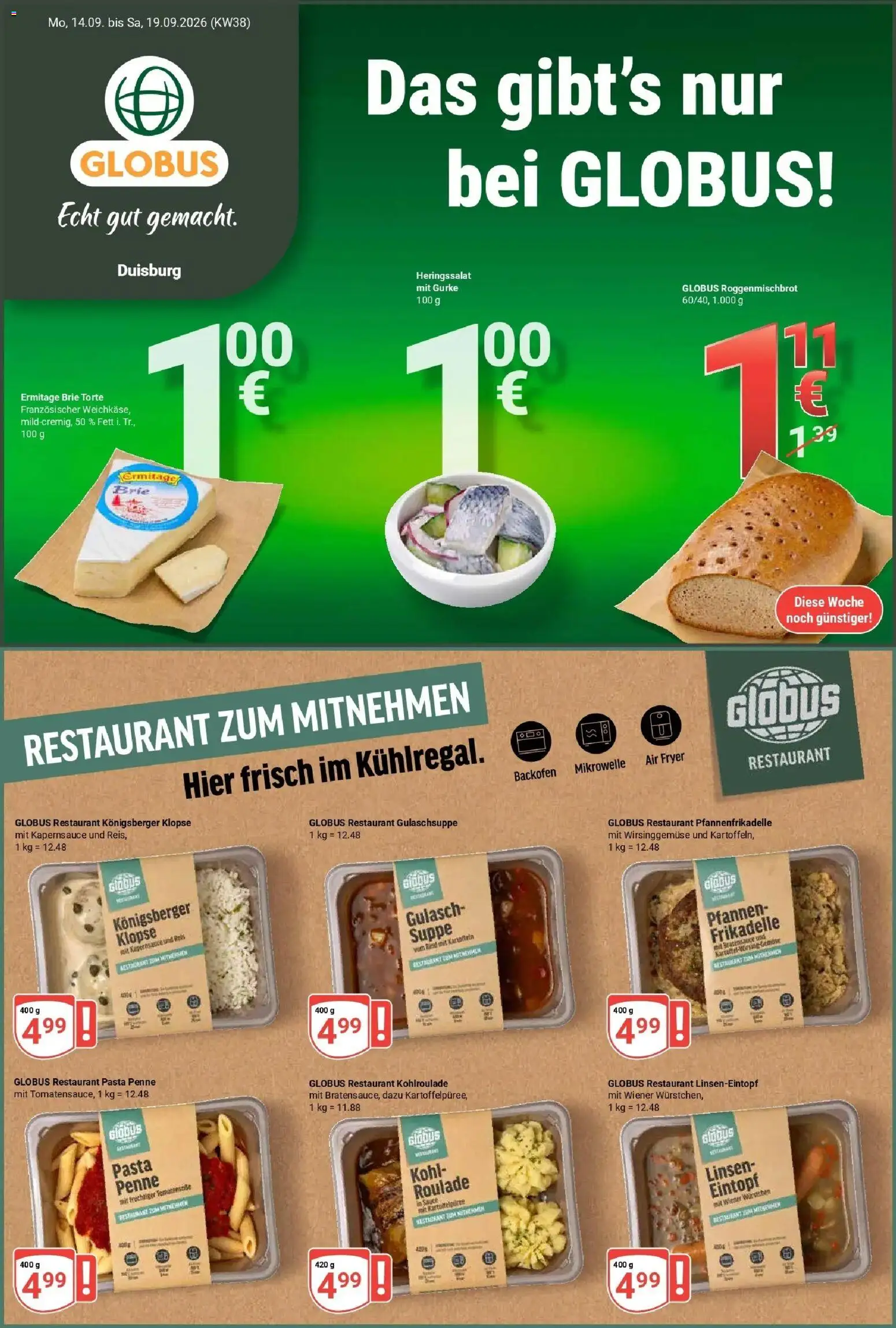 Globus Prospekt Duisburg (ab 14.09.2026) » Angebote online | Seite: 1 | Produkte: Mikrowelle, Gulasch, Backofen, Pasta