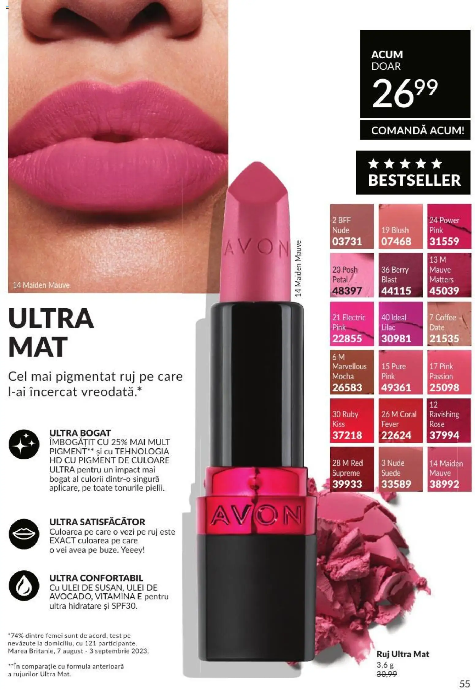 Noul catalog Avon – valabil de la 01.08.2026 | Pagină: 55 | Produse: Blush, Ruj, Peluş Köpek Yatağı, Ulei