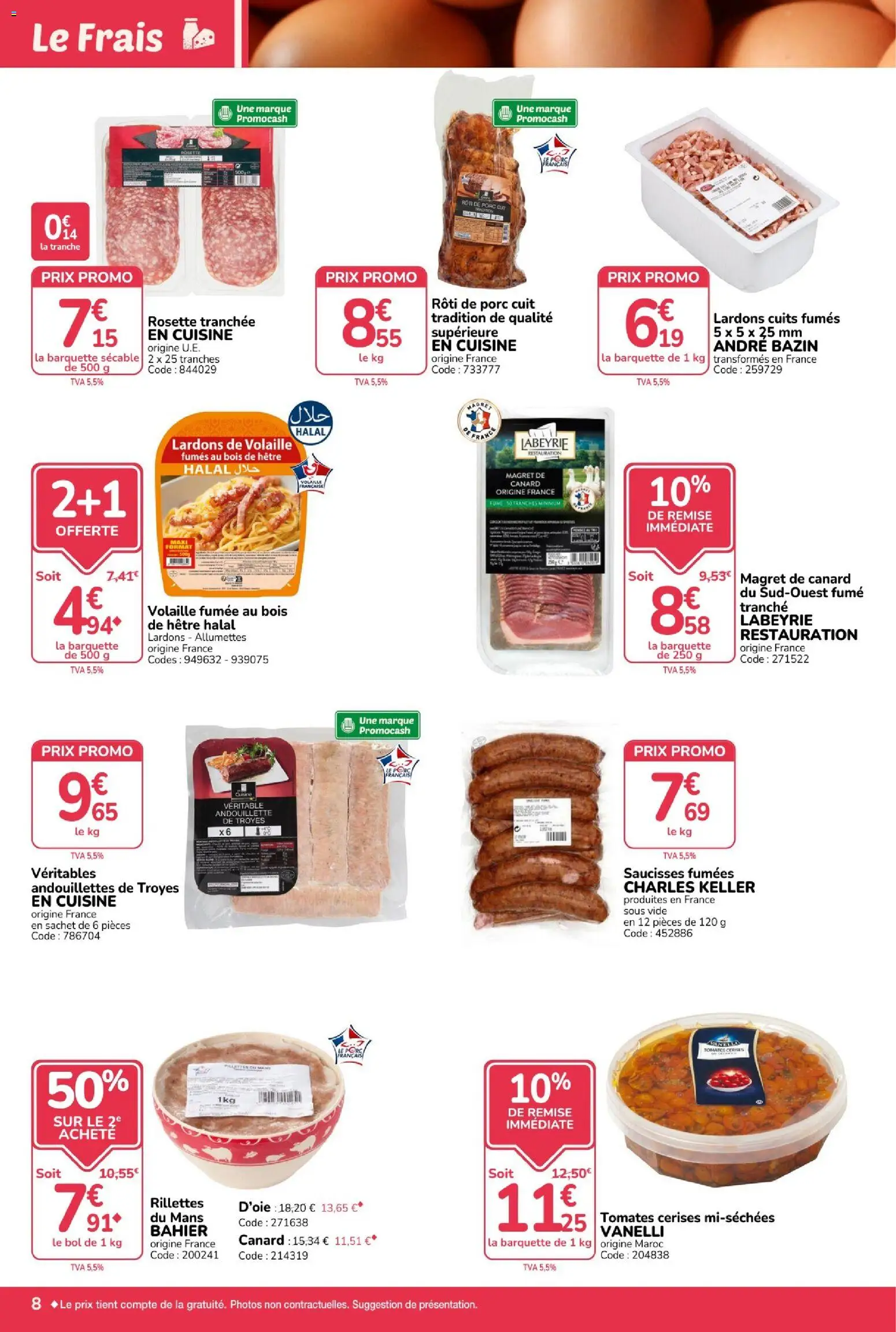 {H1} | Page: 8 | Produits: Magret de canard, Saucisses, Porc, Tomates