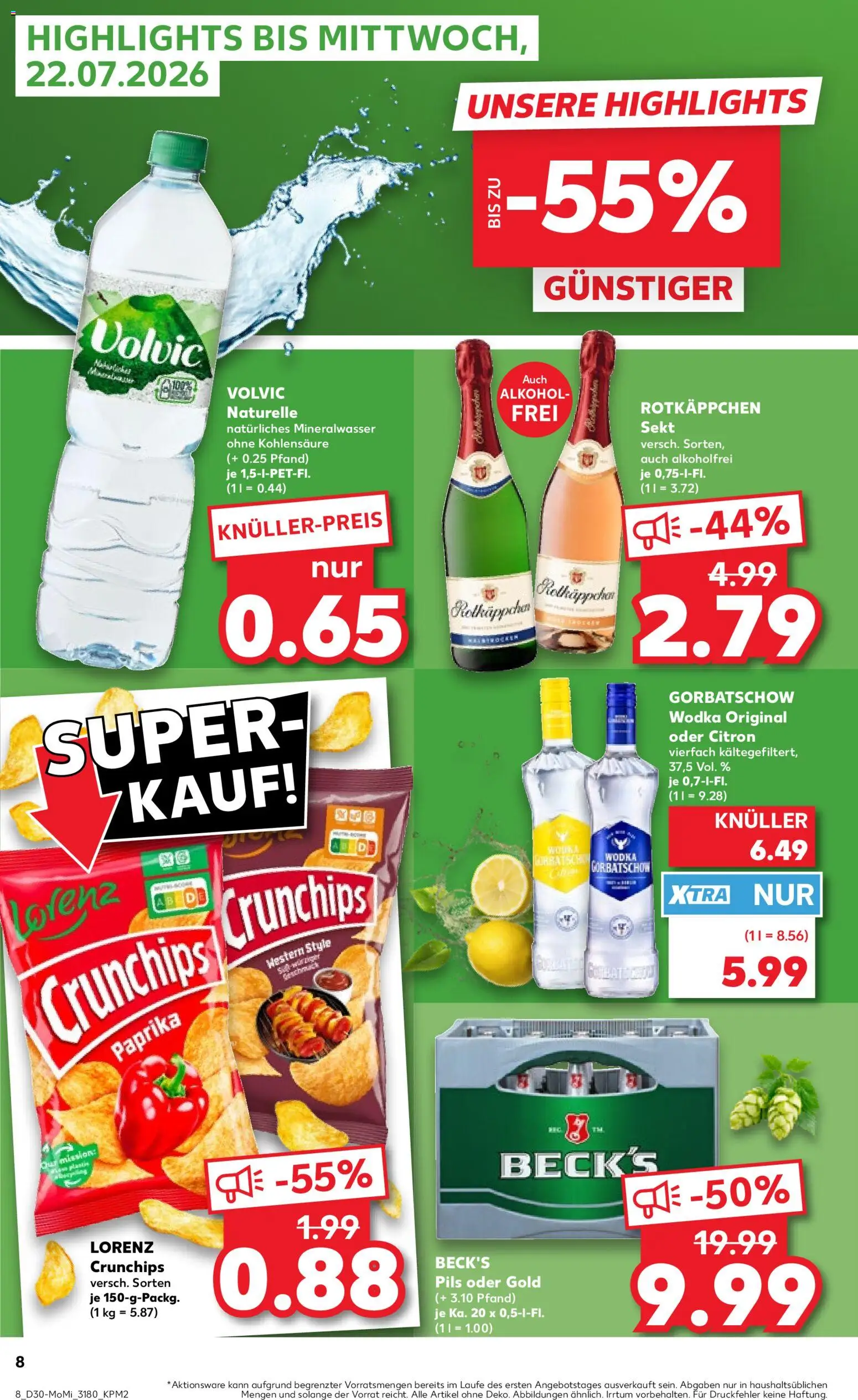 Kaufland Prospekt Leipzig – gültig ab 20.07.2026 | Seite: 8 | Produkte: Mineralwasser, Rotkäppchen, Volvic, Wodka