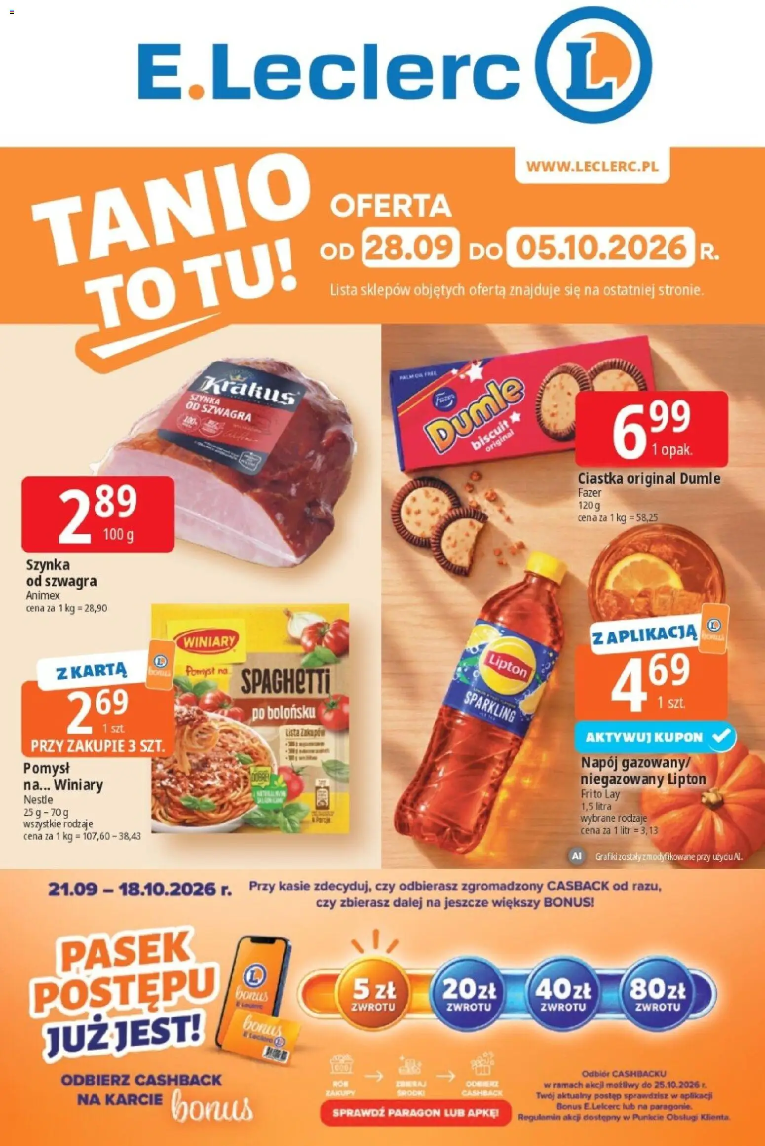 E.Leclerc gazetka - Tanio To Tu od 28.09.2026 | Strona: 1 | Produkty: Karta, Spaghetti, Pasek, Ciastka
