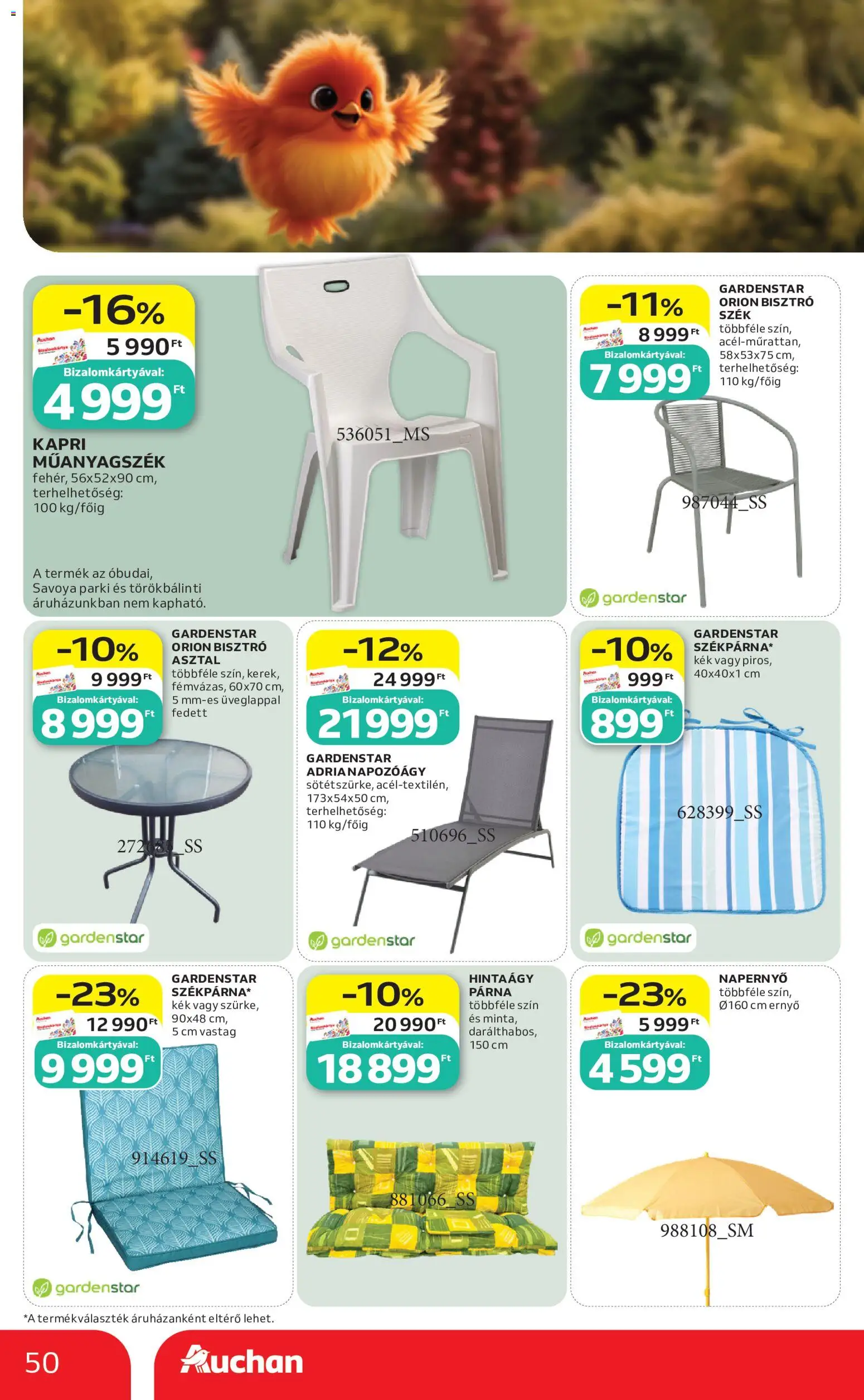 Auchan akciós ujság - amely érvényes a következő dátumtól: 21.05.2026 | Oldal: 50 | Termékek: Asztal, Szék, Hintaágy, Napernyő