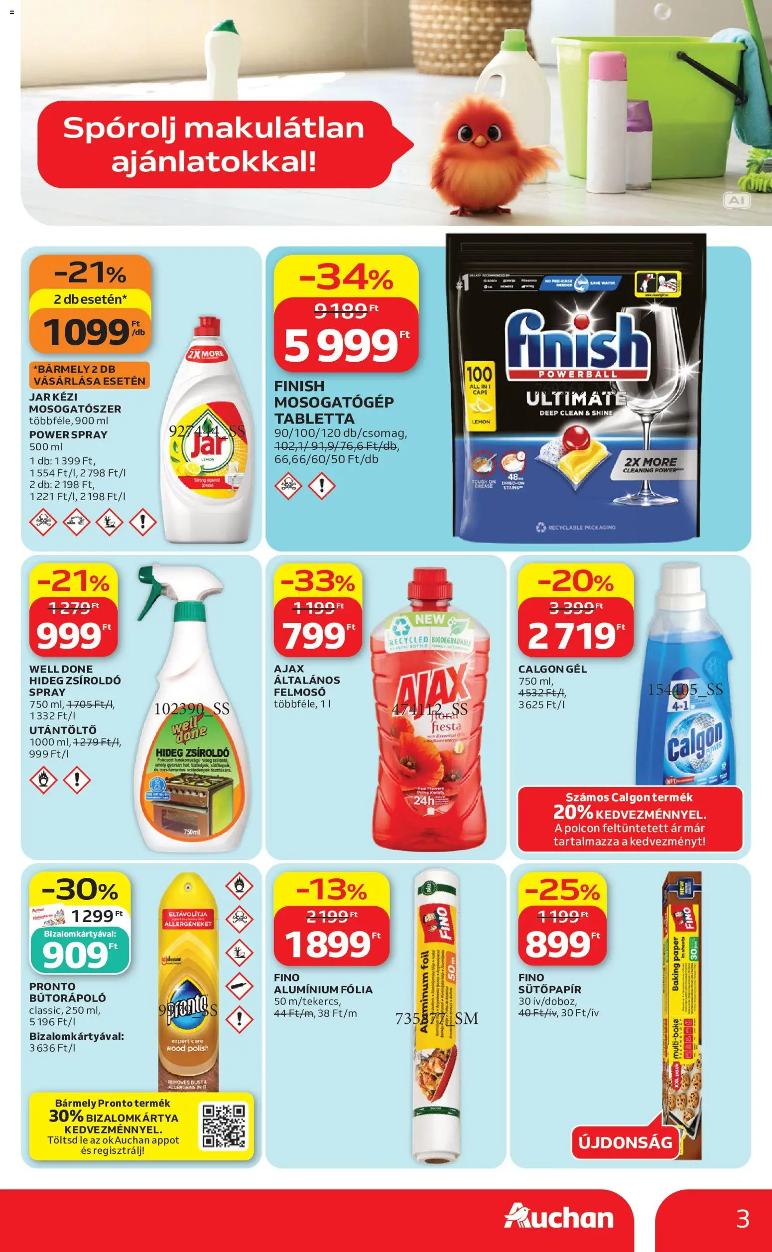 Auchan akciós ujság - amely érvényes a következő dátumtól: 2026.09.24. | Oldal: 3 | Termékek: Calgon, Pronto, Mosogatószer, Gél