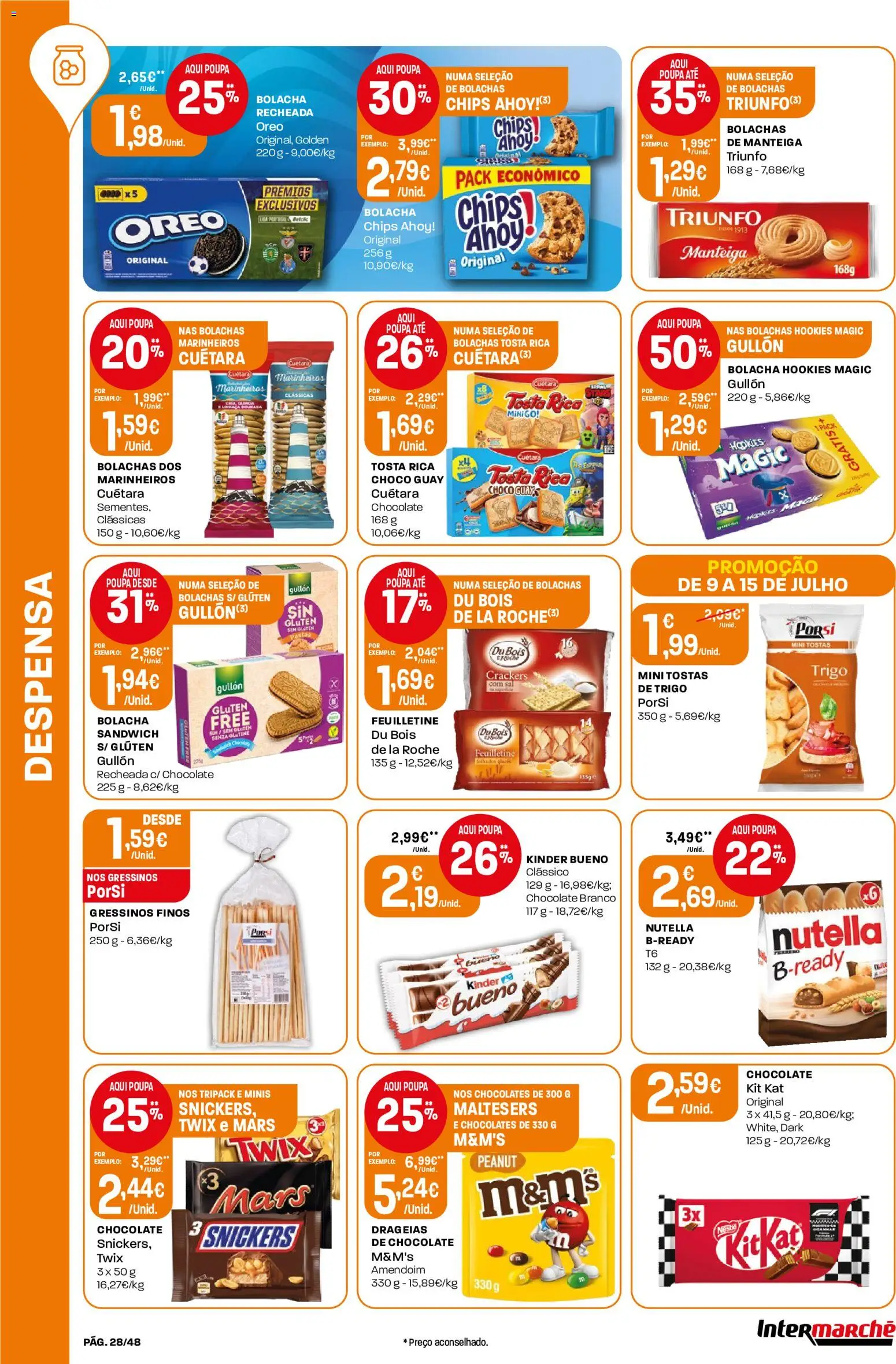 Intermarché folheto │ válido de 09/07/2026 | Página: 28 | Produtos: Dourada, Tostas, Manteiga, Chocolate