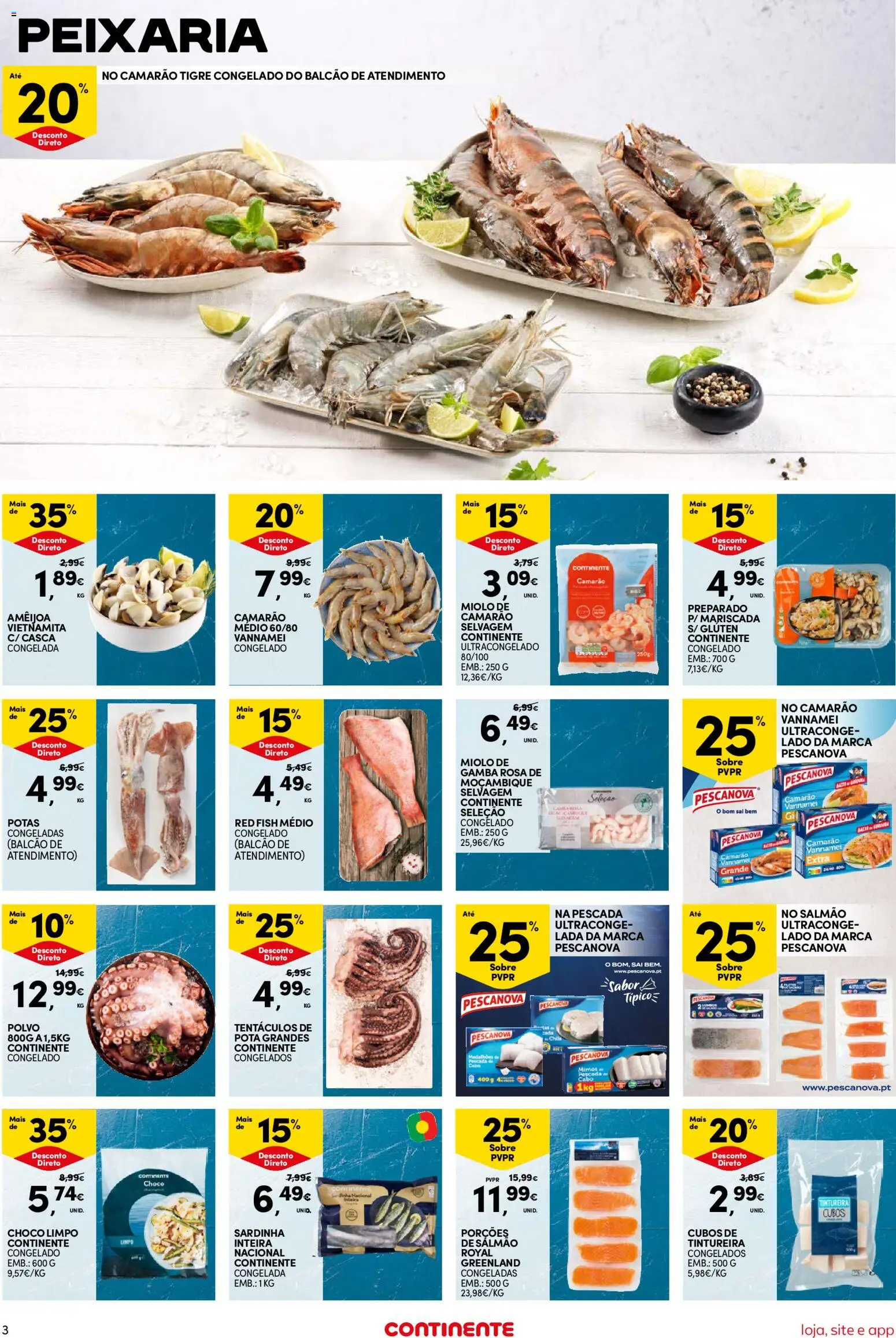 Continente Semanal Continente Bom Dia │ válido de 21.04.2026 | Página: 3 | Produtos: Pescada, Camarão, Pescada do cabo, Salmão