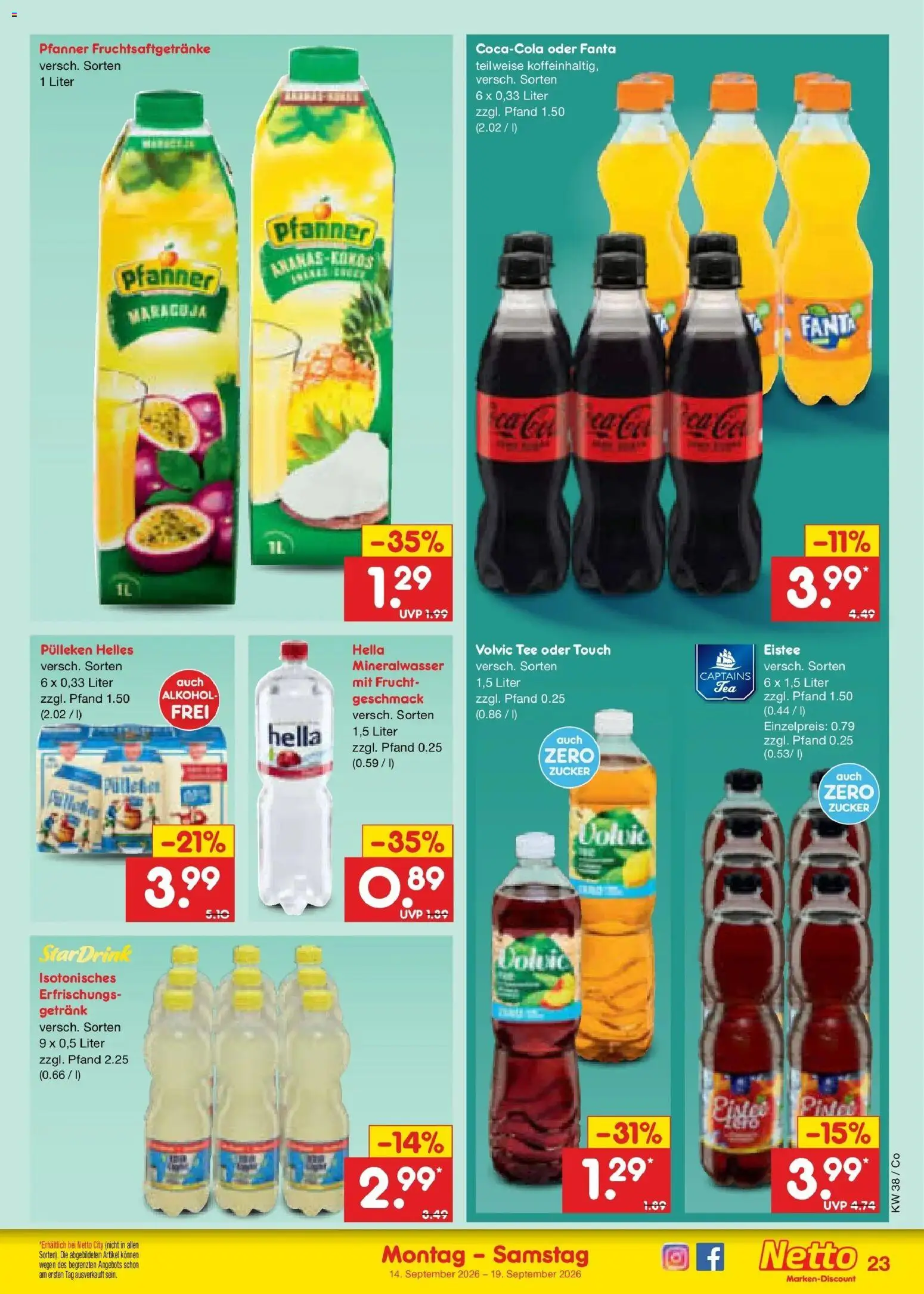 Netto Marken-Discount Prospekt Leipzig – gültig ab 14.09.2026 | Seite: 33 | Produkte: Fanta, Alkohol, Tee, Volvic