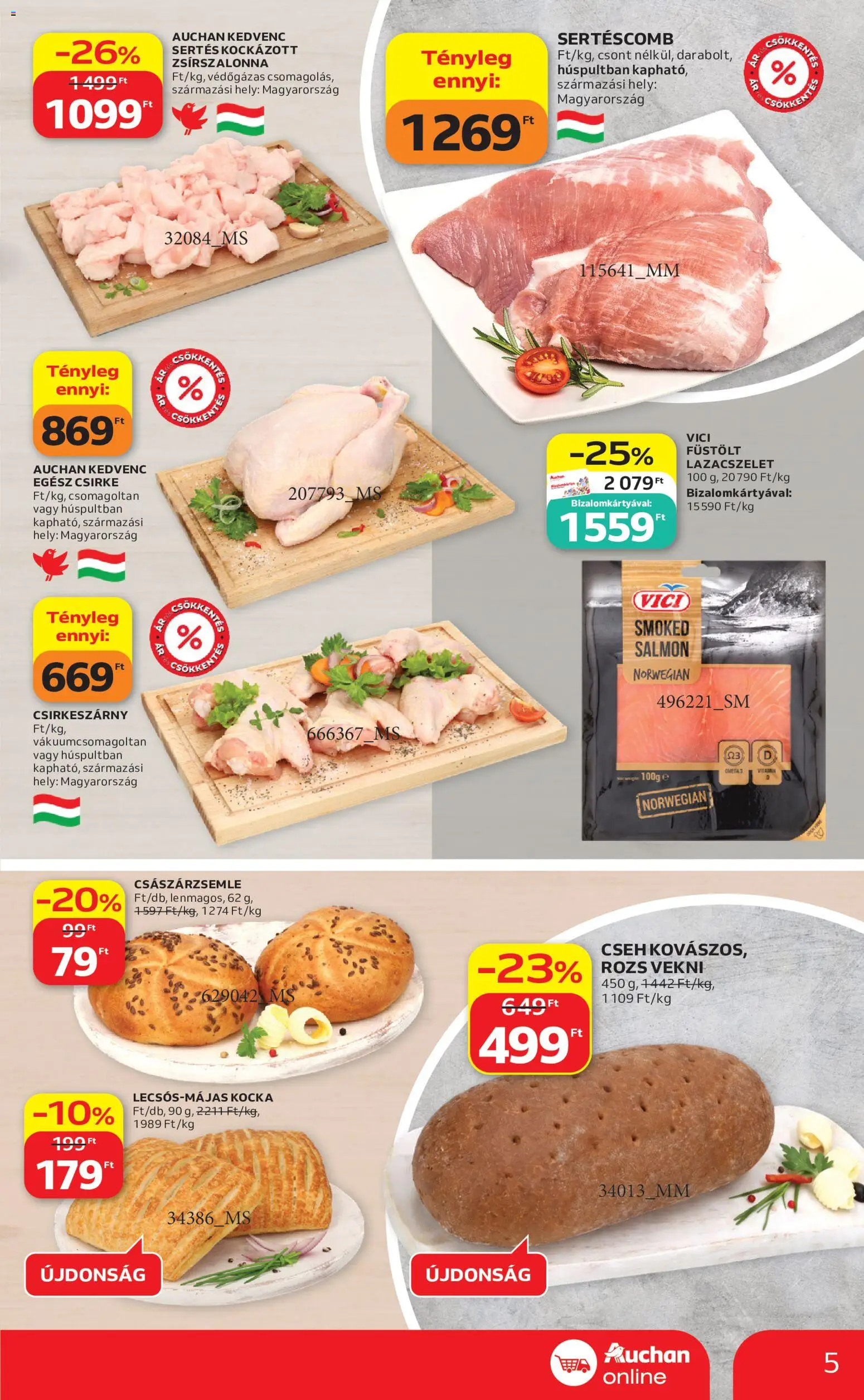 Auchan akciós ujság - amely érvényes a következő dátumtól: 28.05.2026 | Oldal: 5 | Termékek: Egész csirke, Császárzsemle, Sertéscomb