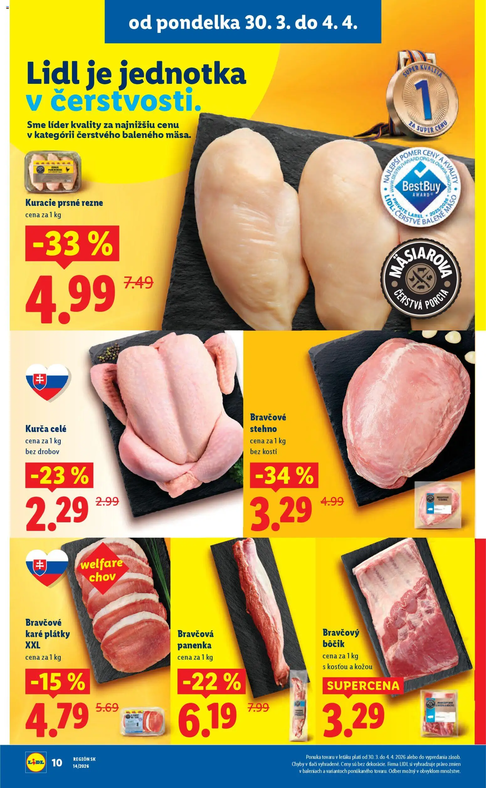 Nové Lidl akcie – leták je platný od 30.03.2026 | Strana: 10 | Produkty: Bravčová panenka, Bravčové stehno, Kurča, Bravčové karé