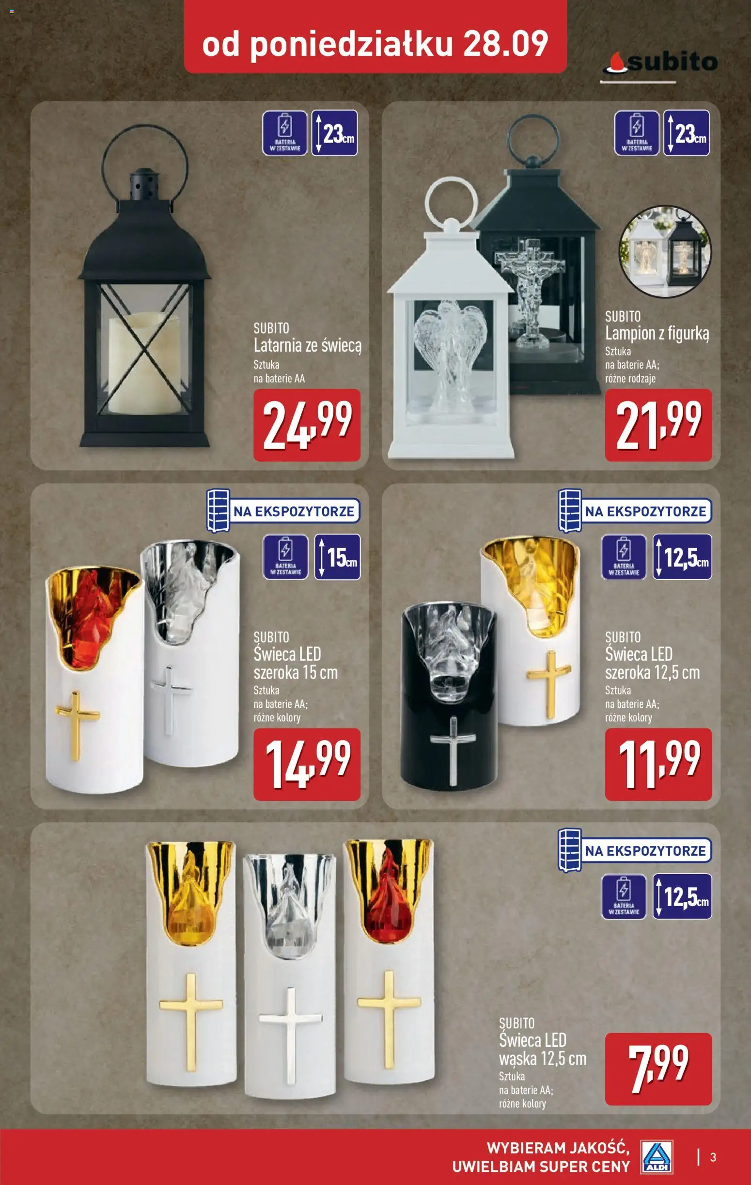 Aldi gazetka - Znicze i stroiki od 28.09.2026 | Strona: 3 | Produkty: Świeca, Baterie, Bateria, Baterie AA