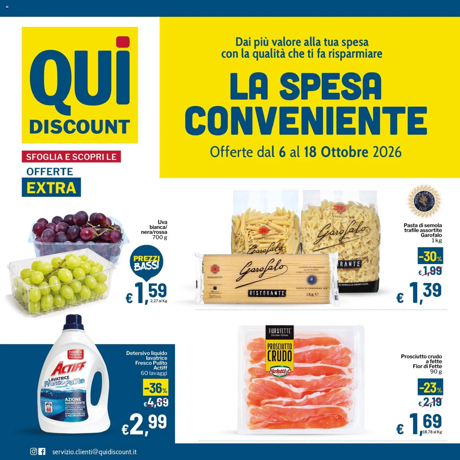 Volantino Qui Discount del 06/10/2026 | Pagina: 1 | Prodotti: Prosciutto Crudo, Prosciutto, Pasta, Penne