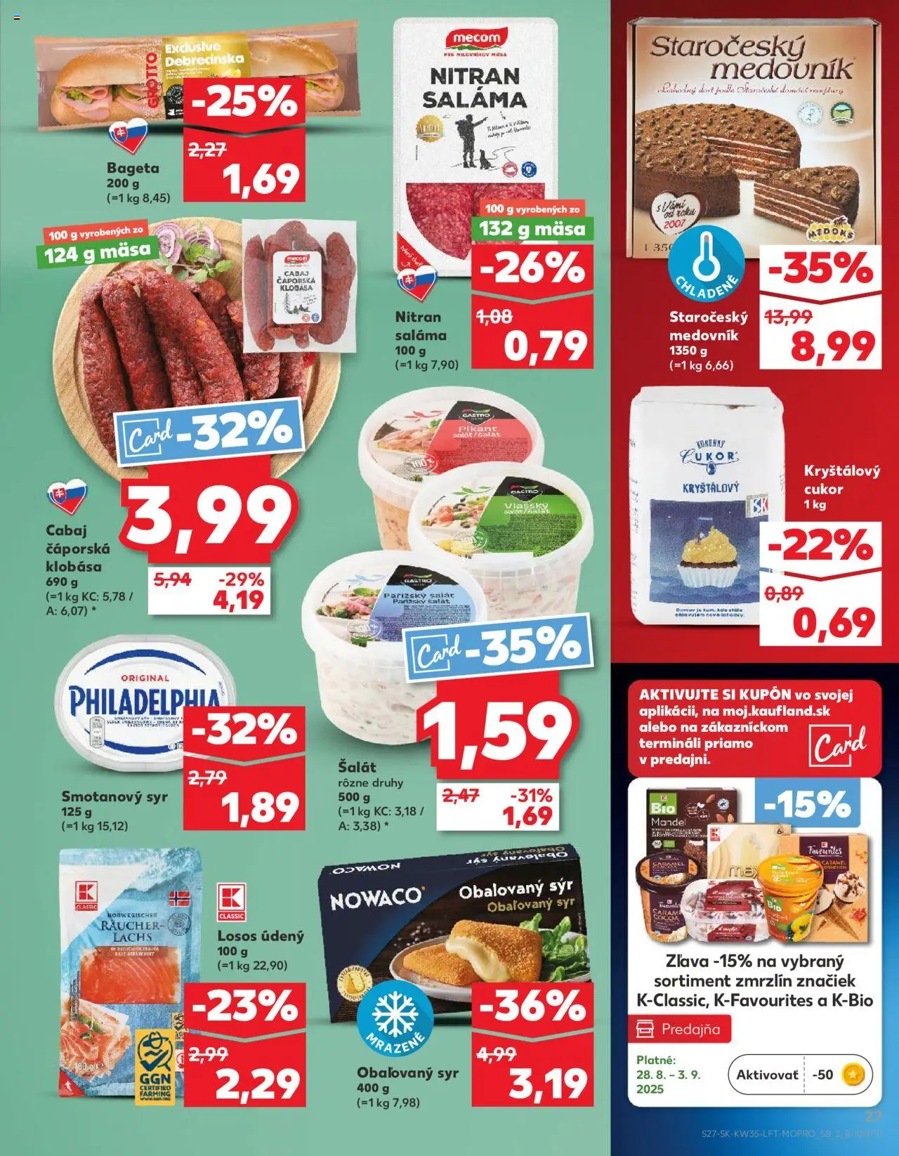 Nové Kaufland akcie – leták je platný od 28.08.2025 | Strana: 27 | Produkty: Saláma, Losos, Cukor, Smotanový syr